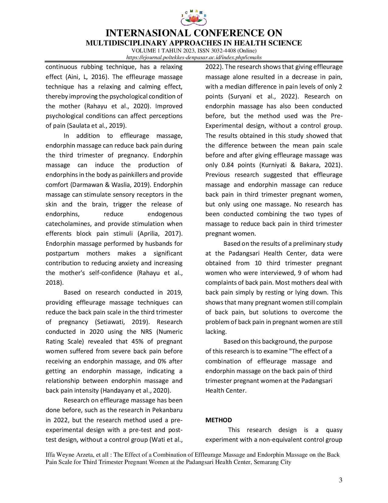 JURIS The Effect of a Combination of Effleurage Massage and Endorphin Massage on the Back Pain Scale for Third Trimester Pregnant Women at the Padangsari Health Center Semarang City