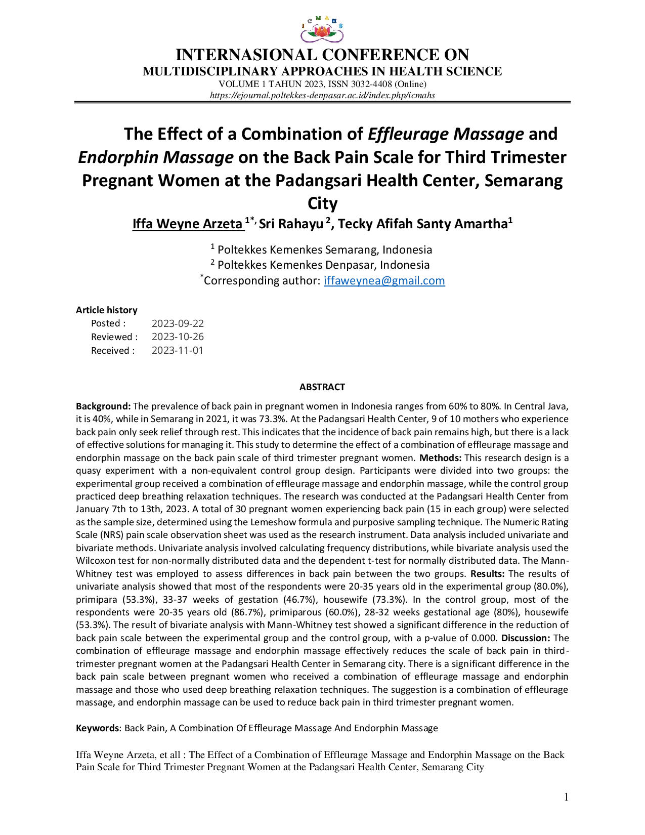 JURIS The Effect of a Combination of Effleurage Massage and Endorphin Massage on the Back Pain Scale for Third Trimester Pregnant Women at the Padangsari Health Center Semarang City