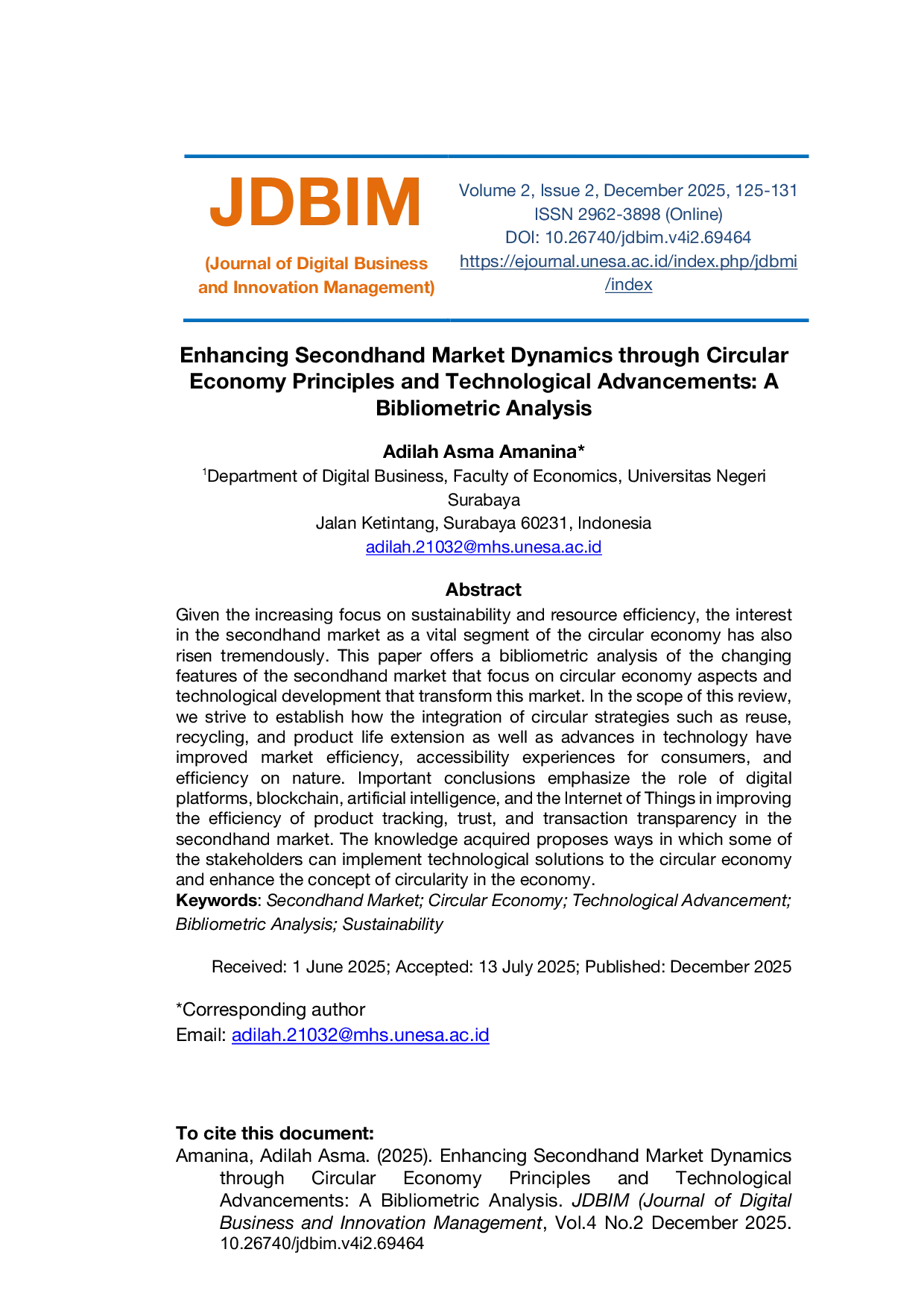 JURIS Enhancing Secondhand Market Dynamics through Circular Economy Principles and Technological Advancements A Bibliometric Analysis
