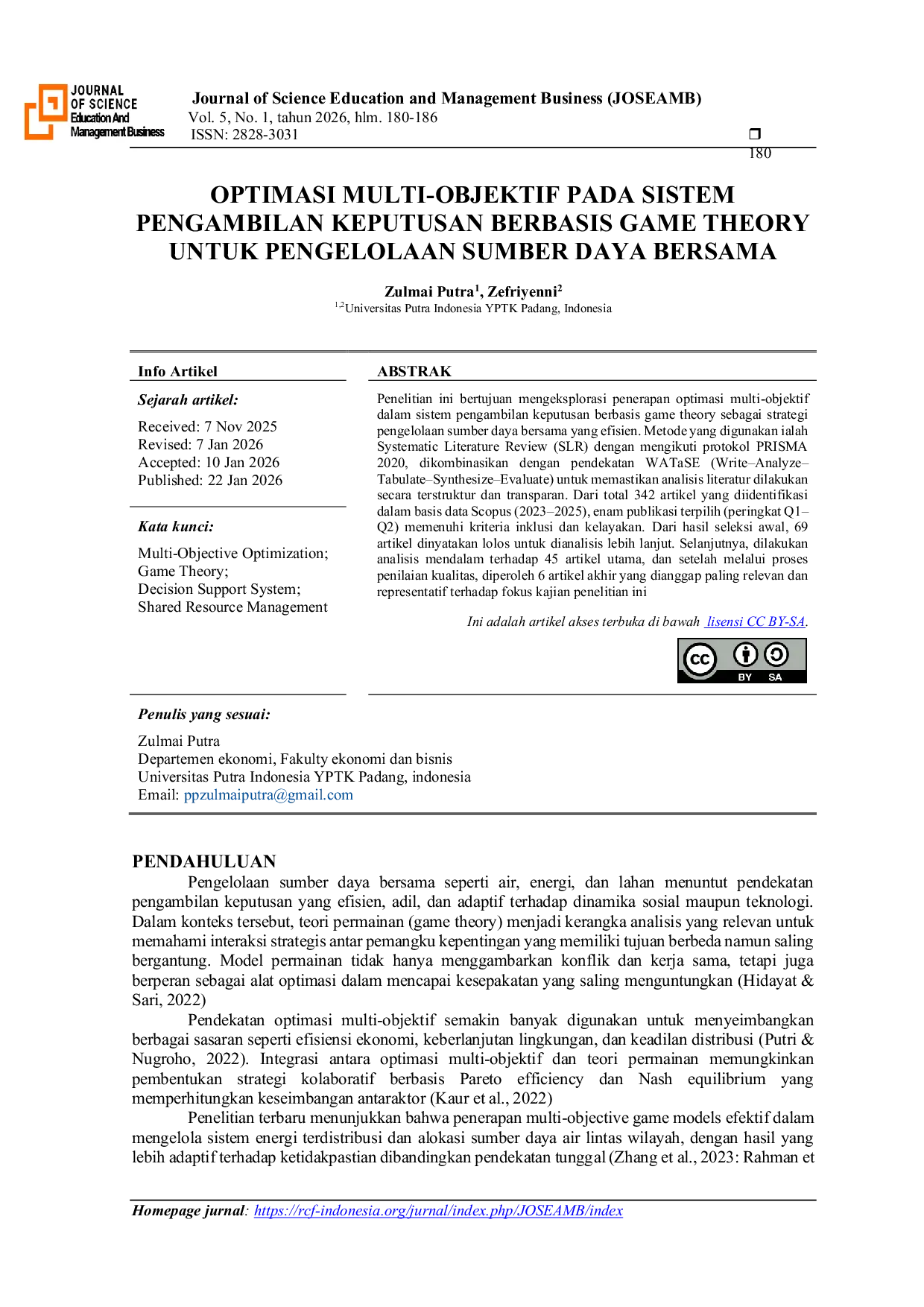 JURIS Optimasi Multi Objektif pada Sistem Pengambilan Keputusan Berbasis Game Theory untuk Pengelolaan Sumber Daya Bersama