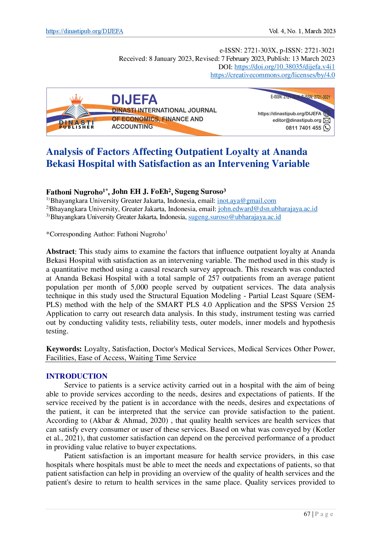 juris Analysis of Factors Affecting Outpatient Loyalty at Ananda Bekasi Hospital with Satisfaction as an Intervening Variable