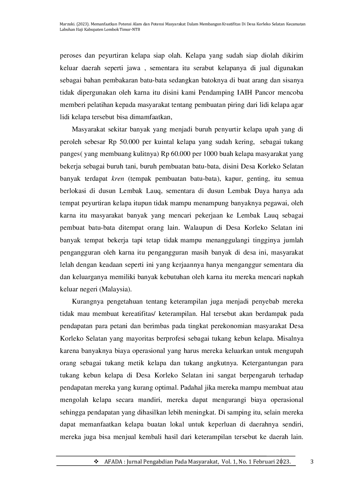 JURIS Memanfaatkan Potensi Alam dan Potensi Masyarakat Dalam Membangun Kreatifitas Di Desa Korleko Selatan Kecamatan Labuhan Haji Kabupaten Lombok Timur NTB