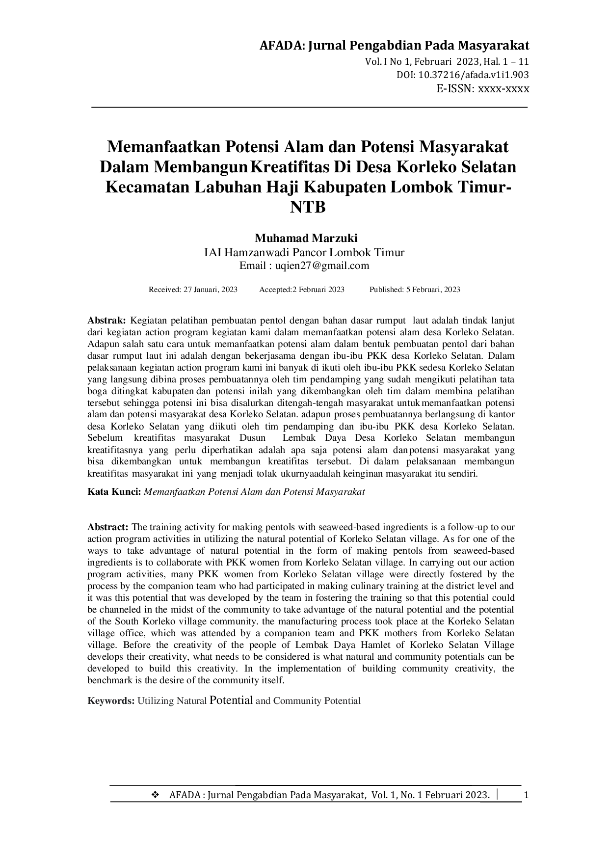 JURIS Memanfaatkan Potensi Alam dan Potensi Masyarakat Dalam Membangun Kreatifitas Di Desa Korleko Selatan Kecamatan Labuhan Haji Kabupaten Lombok Timur NTB