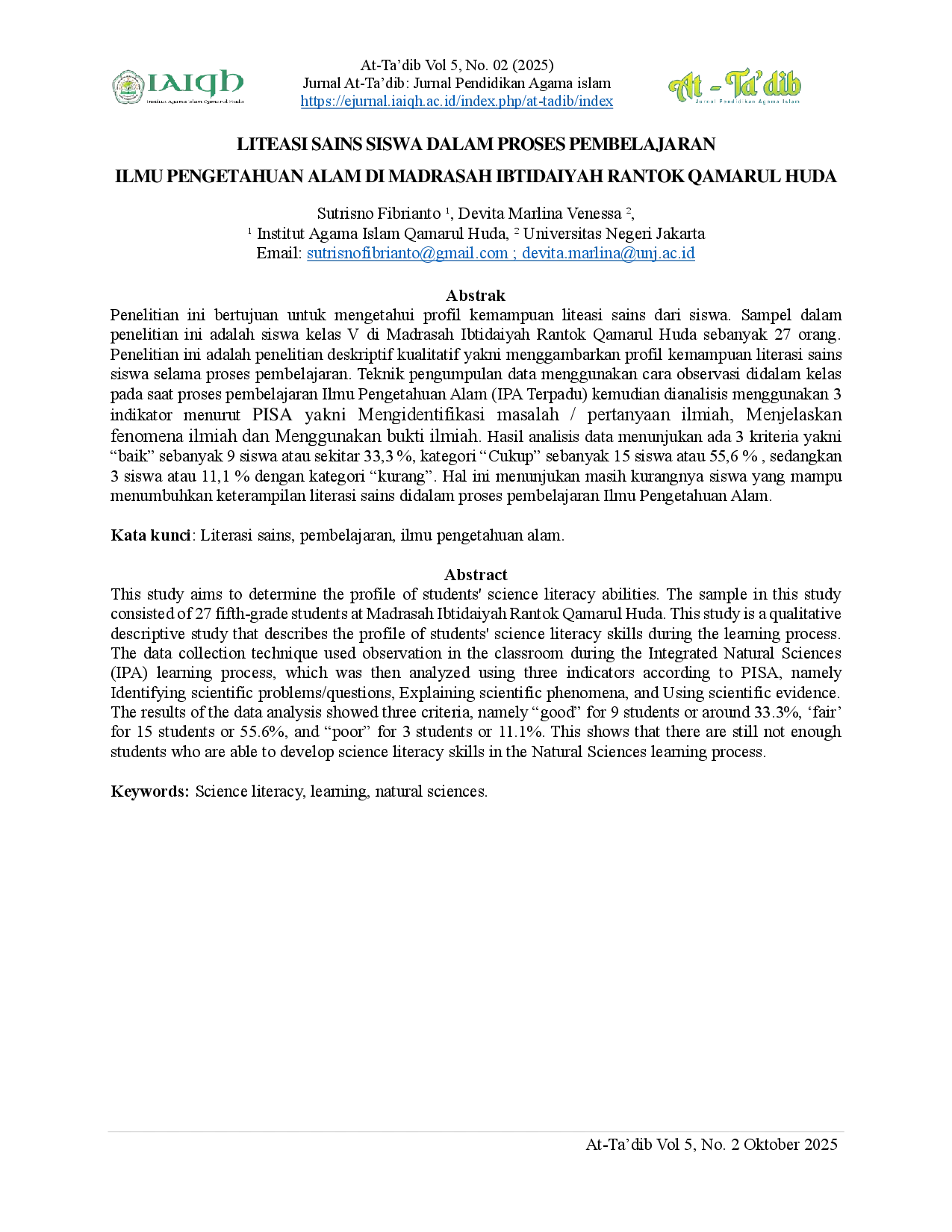 juris Liteasi Sains Siswa dalam Proses Pembelajaran Ilmu Pengetahuan Alam di Madrasah Ibtidaiyah Rantok Qamarul Huda