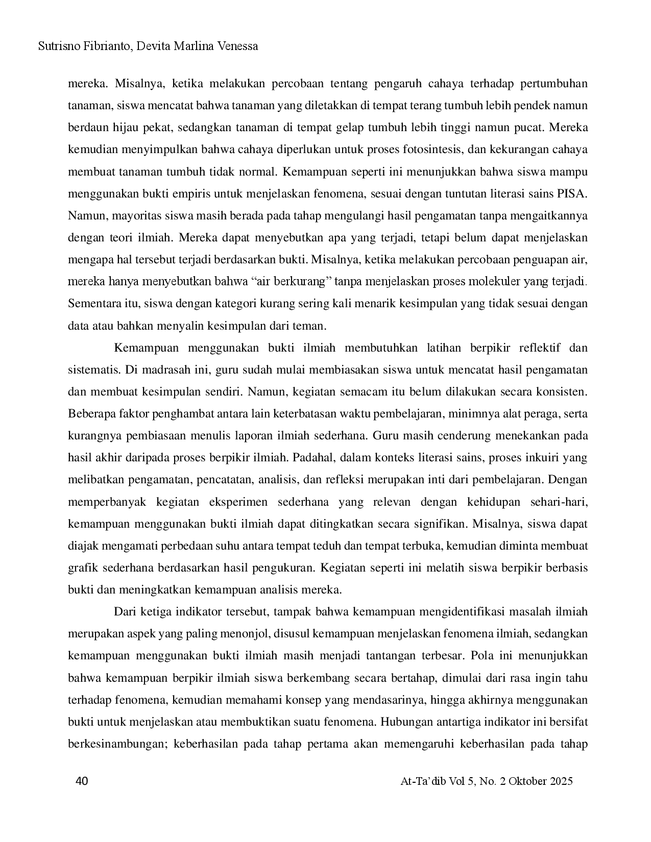 juris Liteasi Sains Siswa dalam Proses Pembelajaran Ilmu Pengetahuan Alam di Madrasah Ibtidaiyah Rantok Qamarul Huda