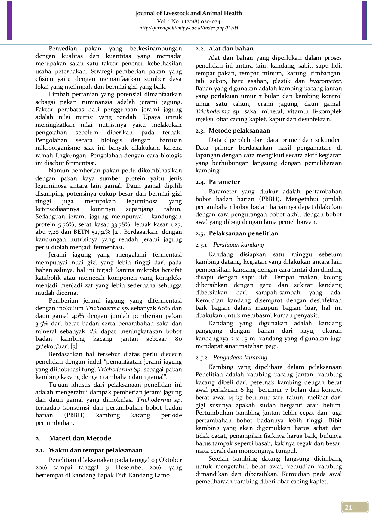 JURIS Pemanfaatan Jerami Jagung Yang Diinokulasi Fungi Trichoderma sp Sebagai Pakan Kambing Kacang Dengan Tambahan Daun Gamal