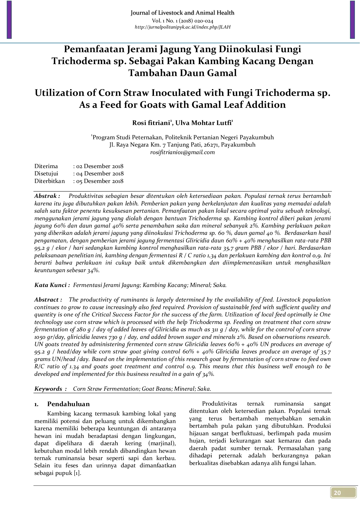 JURIS Pemanfaatan Jerami Jagung Yang Diinokulasi Fungi Trichoderma sp Sebagai Pakan Kambing Kacang Dengan Tambahan Daun Gamal