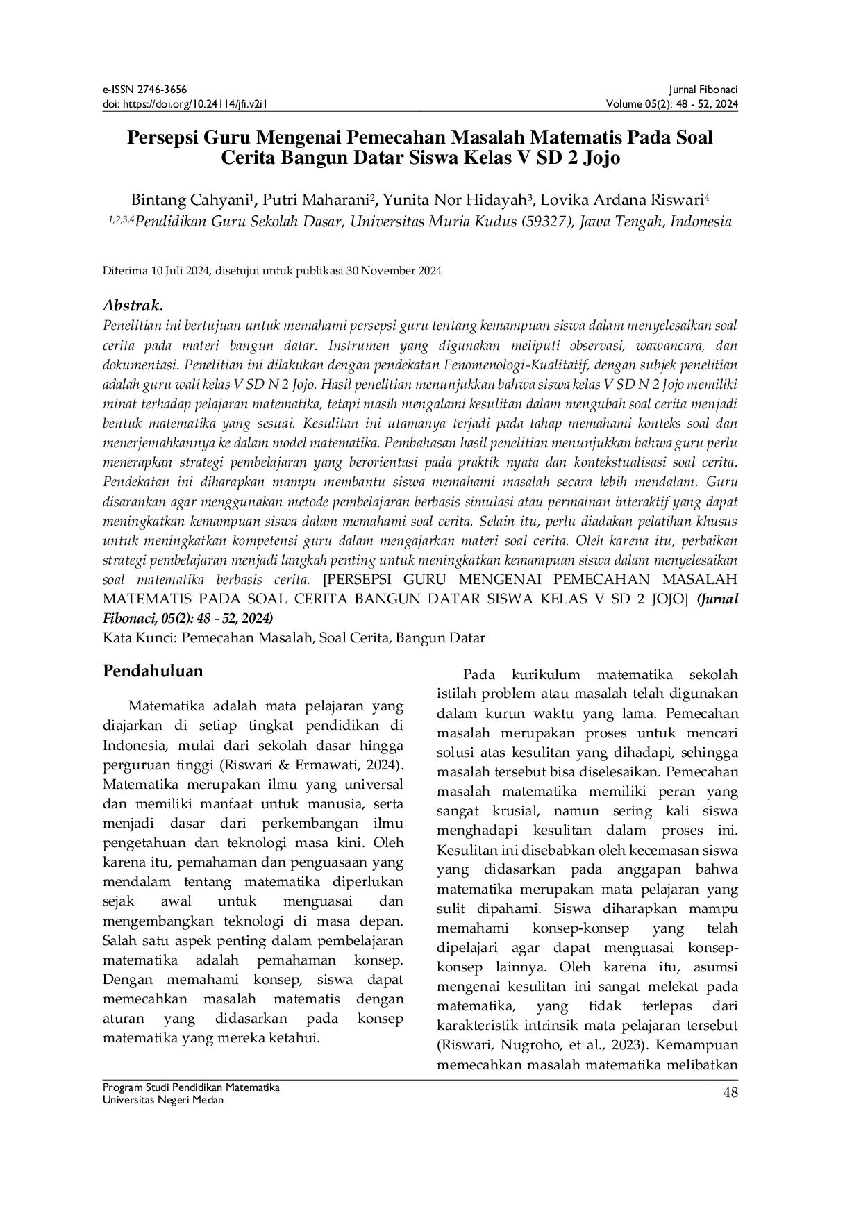 JURIS Persepsi Guru Mengenai Pemecahan Masalah Matematis Pada Soal Cerita Bangun Datar Siswa Kelas V SD 2 Jojo
