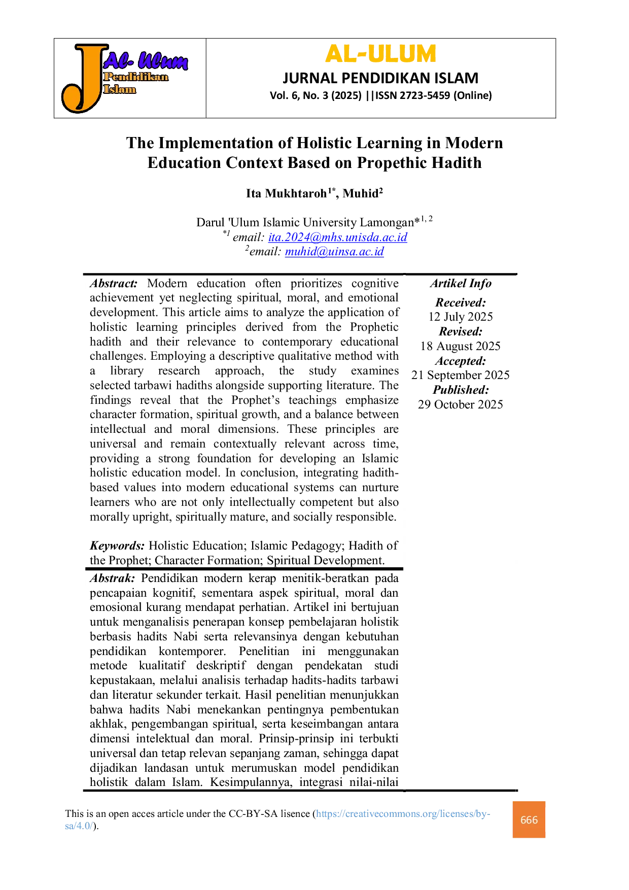 JURIS The Implementation of Holistic Learning in Modern Education Context Based on Propethic Hadith