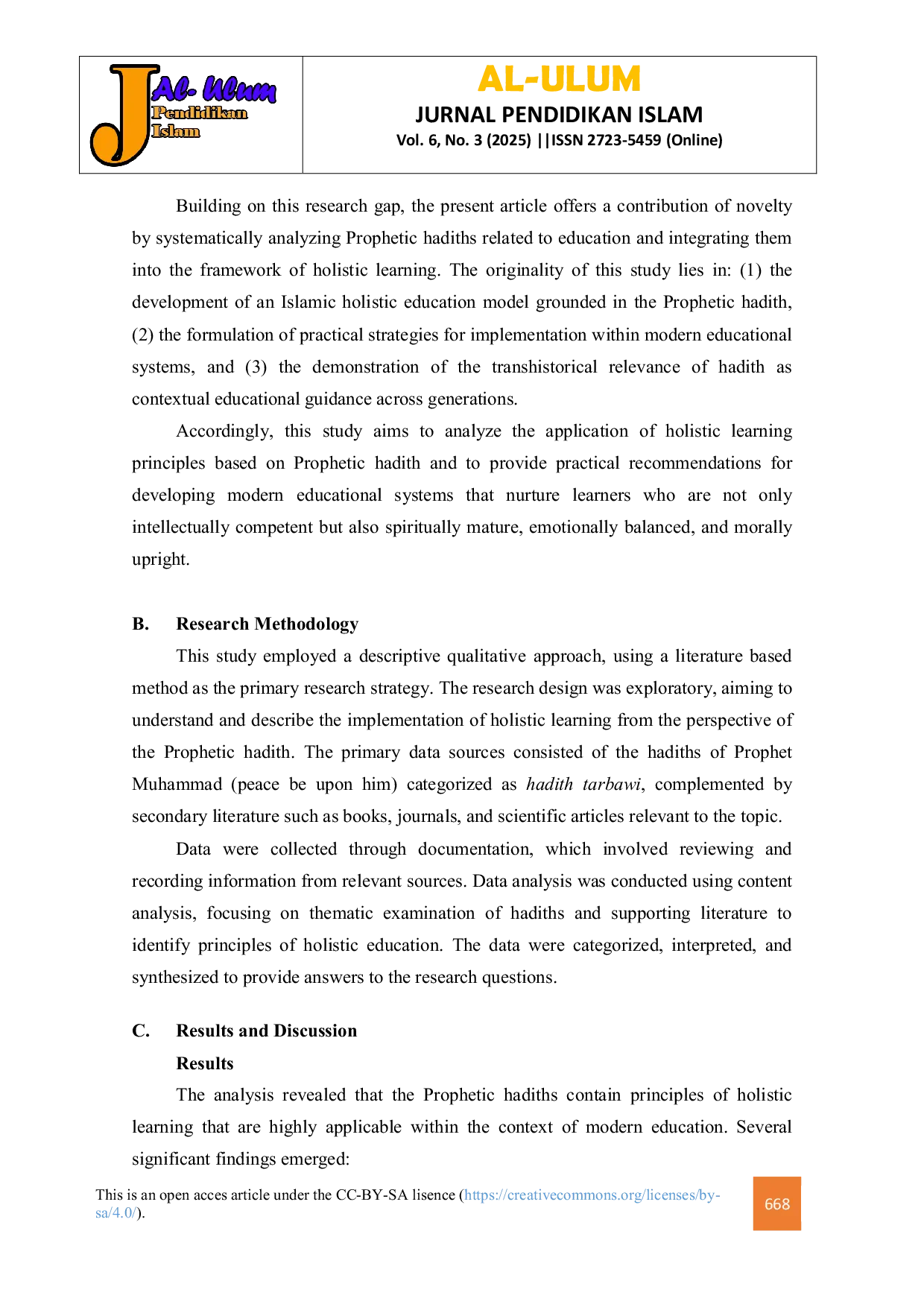 JURIS The Implementation of Holistic Learning in Modern Education Context Based on Propethic Hadith