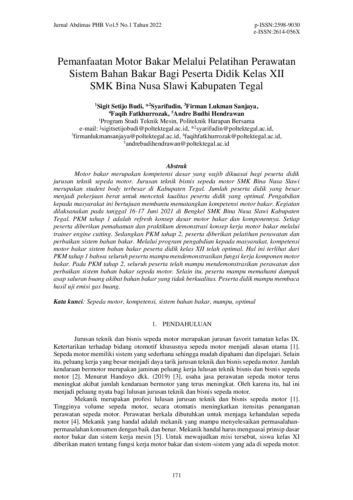 juris Pemanfaatan Motor Bakar Melalui Pelatihan Perawatan Sistem Bahan Bakar Bagi Peserta Didik Kelas XII SMK Bina Nusa Slawi Kabupaten Tegal