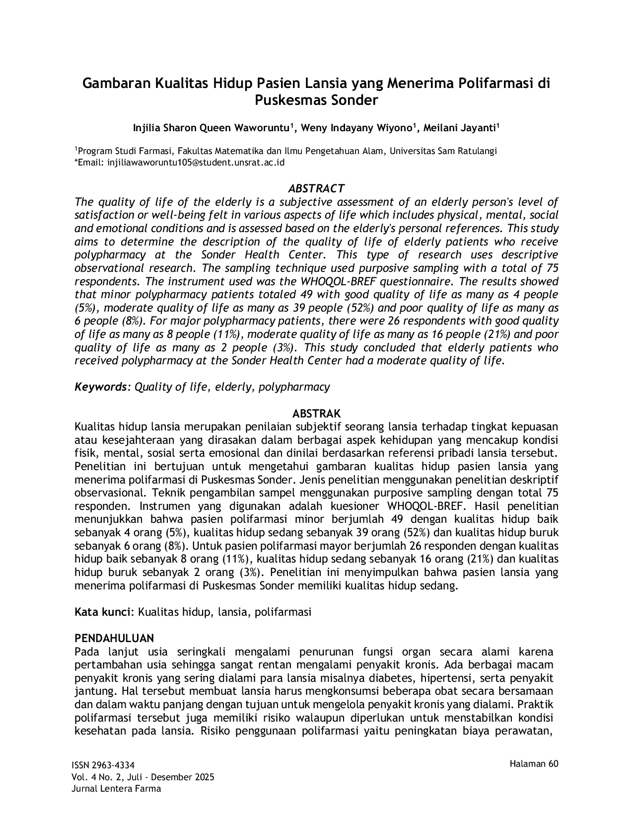 JURIS Gambaran Kualitas Hidup Pasien Lansia yang Menerima Polifarmasi di Puskesmas Sonder