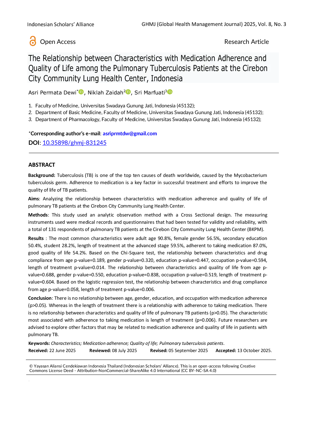 JURIS The Relationship between Characteristics with Medication Adherence and Quality of Life among the Pulmonary Tuberculosis Patients at the Cirebon City Community Lung Health Center Indonesia