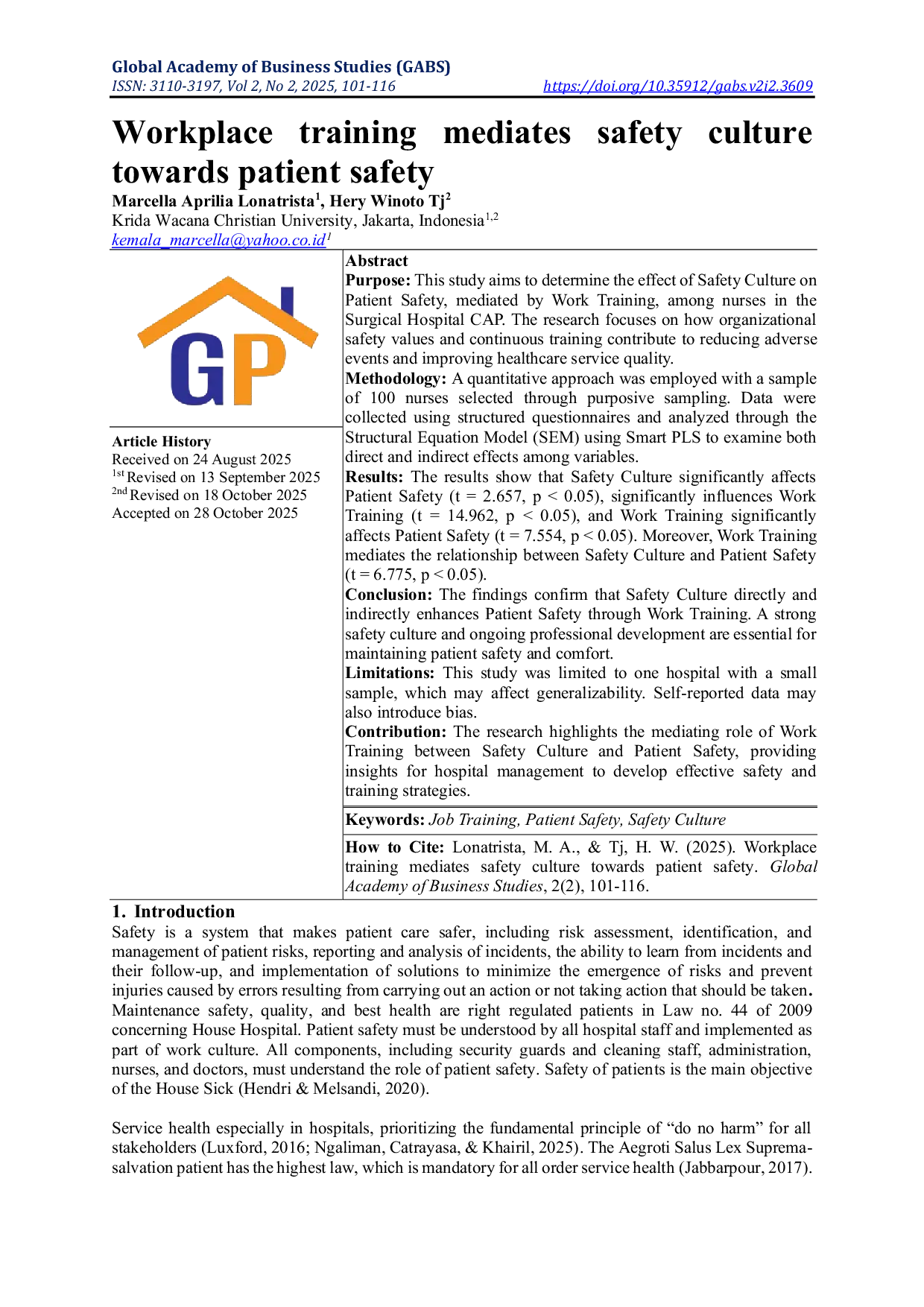 JURIS Workplace training mediates safety culture towards patient safety