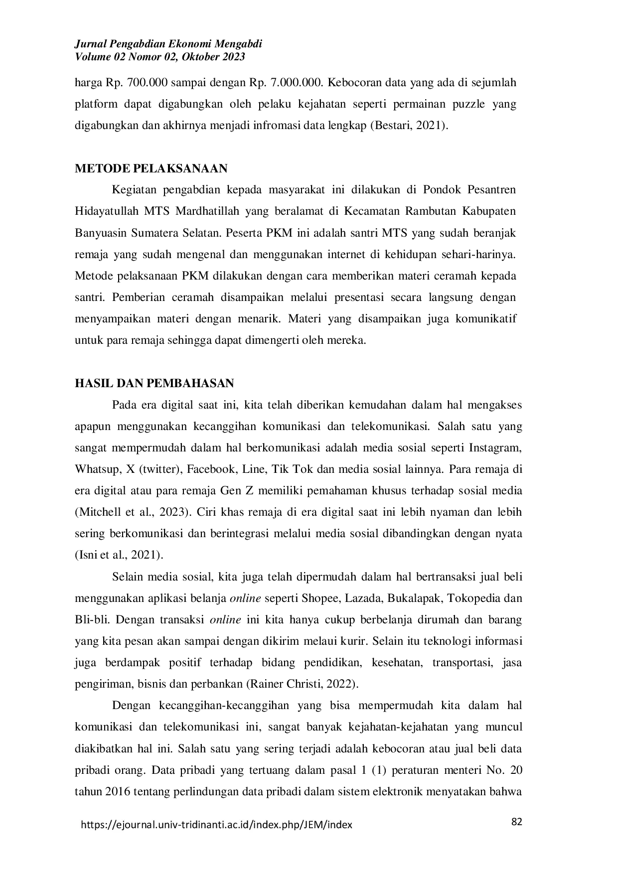 JURIS Kewaspadaan Penyalahgunaan Data Pribadi Pada Santri Di Era Digital