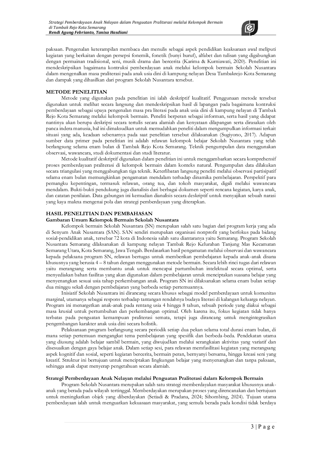 JURIS Strategi Pemberdayaan Anak Nelayan dalam Penguatan Praliterasi melalui Kelompok Bermain di Tambak Rejo Kota Semarang