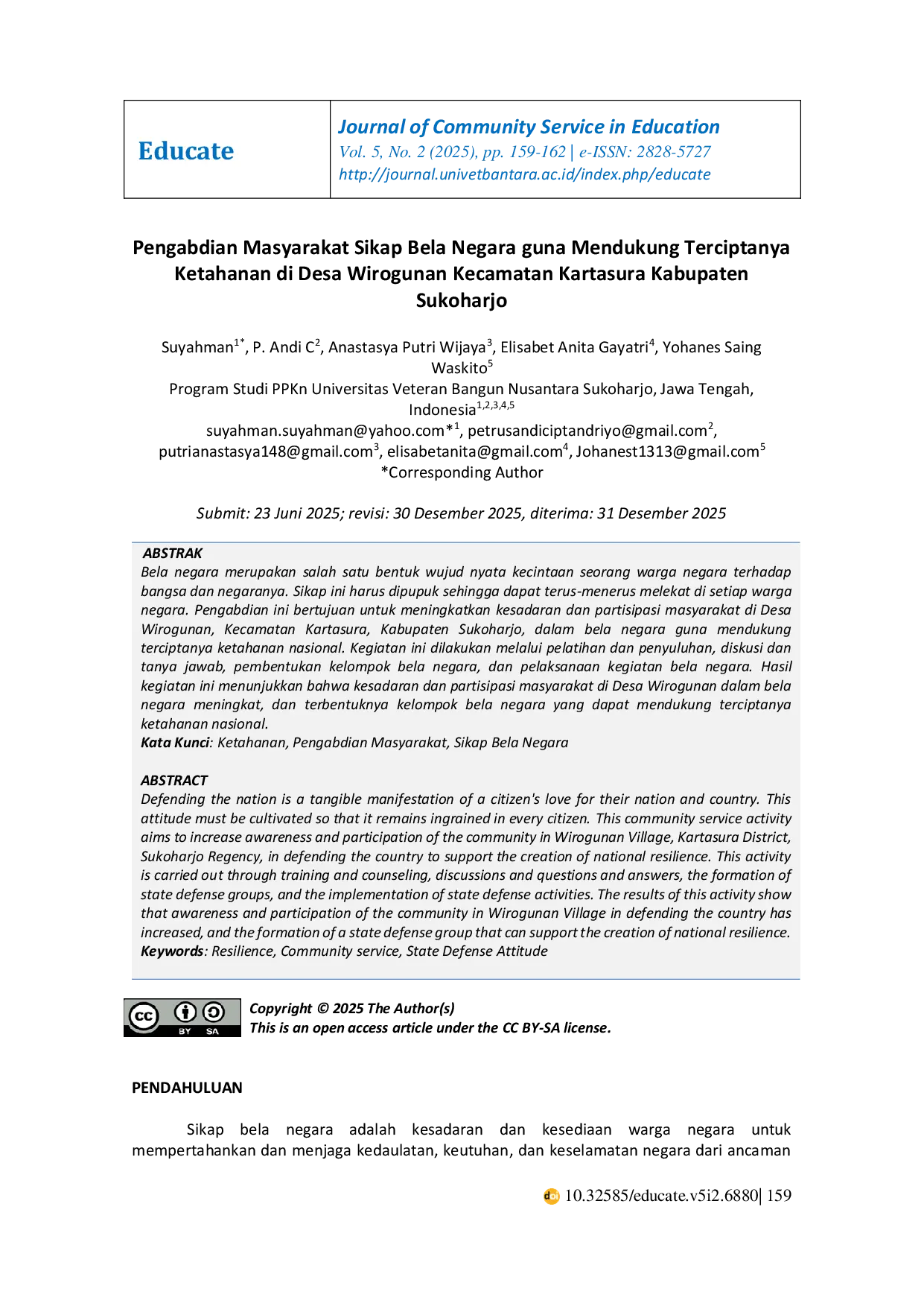 JURIS Pengabdian Masyarakat Sikap Bela Negara Guna Mendukung Terciptanya Ketahanan di Desa Wirogunan Kecamatan Kartasura Kabupaten Sukoharjo