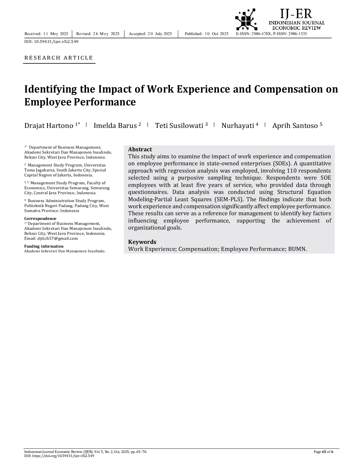 JURIS Identifying the Impact of Work Experience and Compensation on Employee Performance