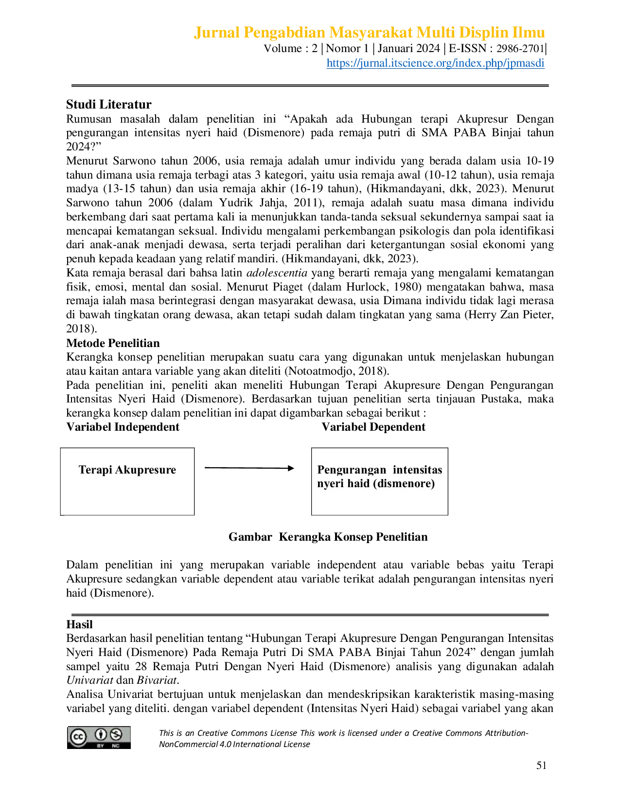JURIS Hubungan Terapi Akupresur Dengan Pengurangan Intensitas Nyeri Haid Dismenore Pada Remaja Putri Di SMA PABA Binjai Tahun 2024
