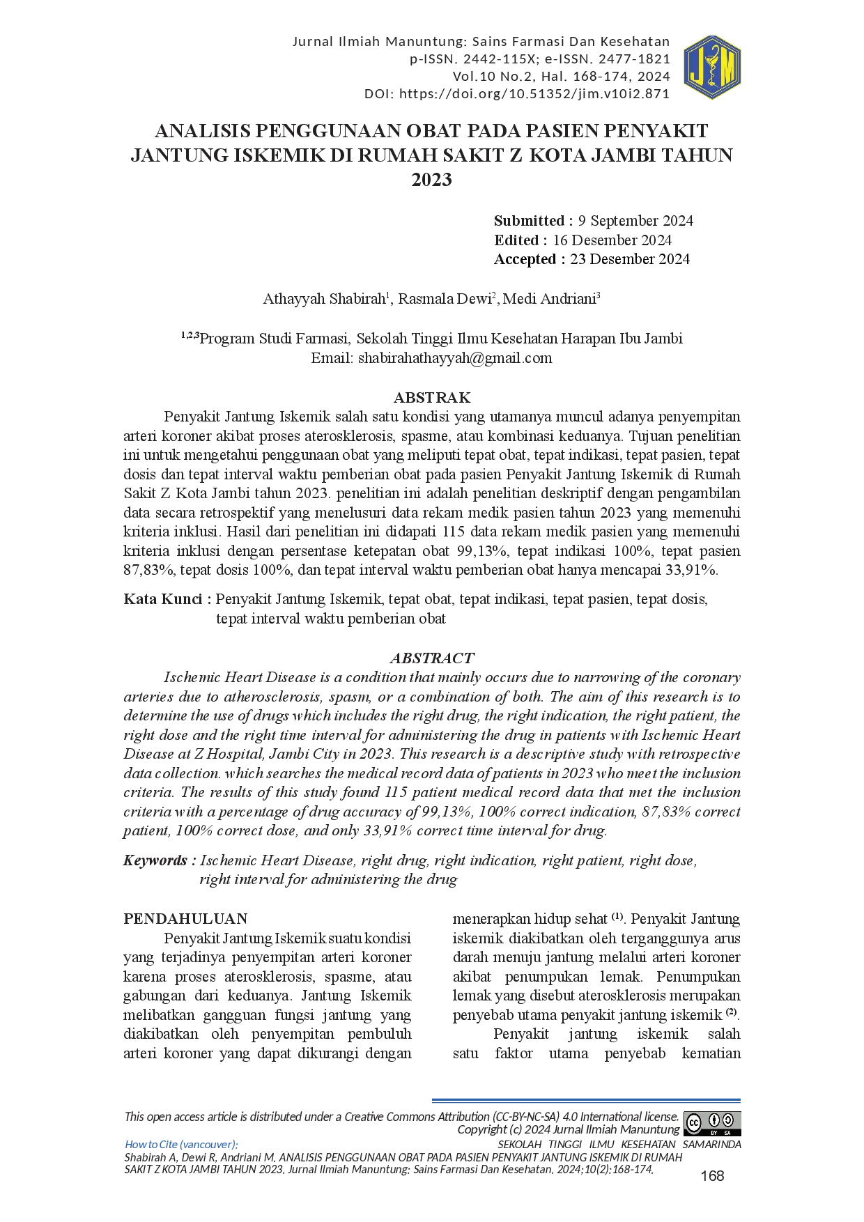 juris Analisis Penggunaan Obat Pada Pasien Penyakit Jantung Iskemik Di Rumah Sakit Z Kota Jambi Tahun 2023