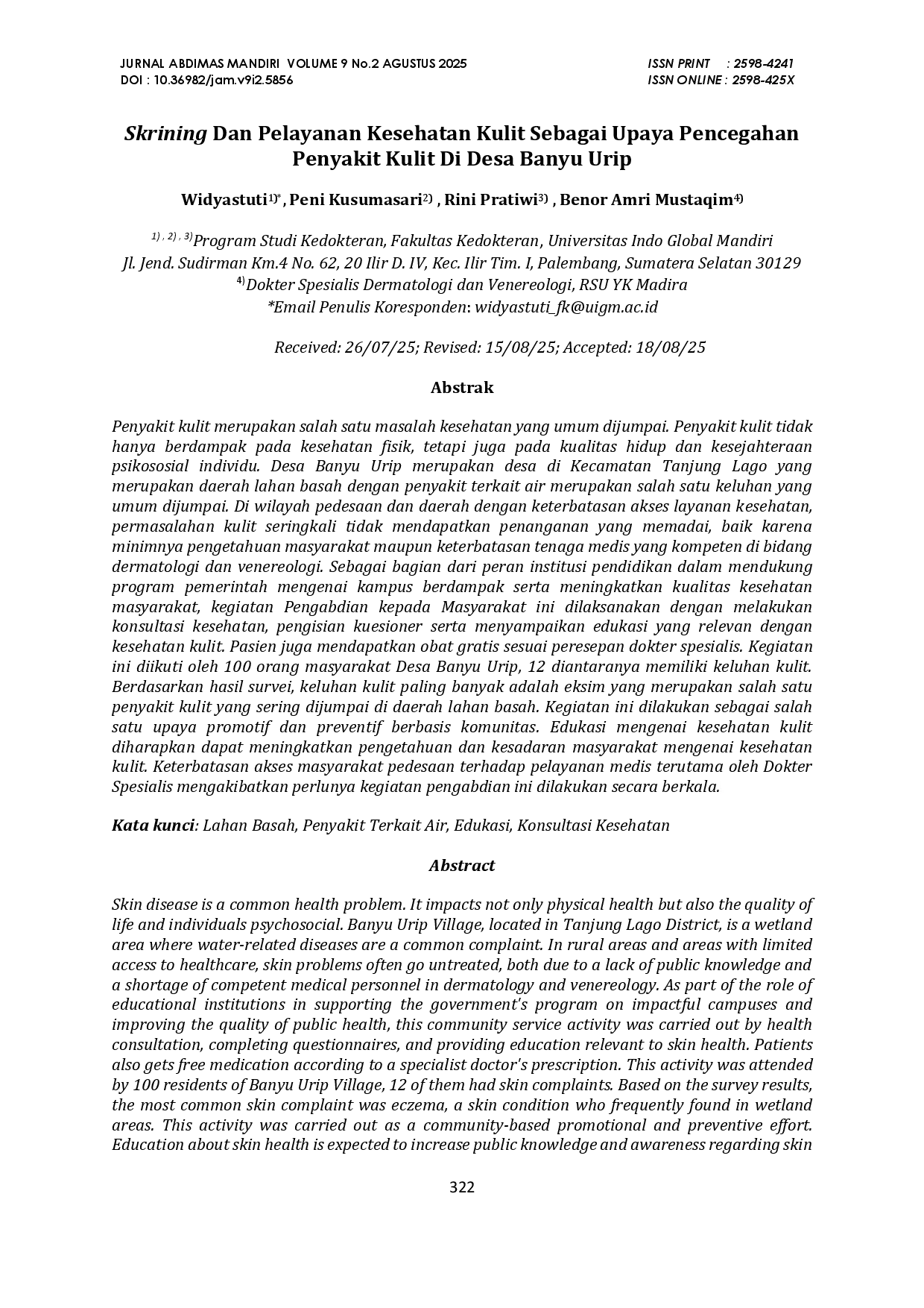 juris Skrining Dan Pelayanan Kesehatan Kulit Sebagai Upaya Pencegahan Penyakit Kulit Di Desa Banyu Urip