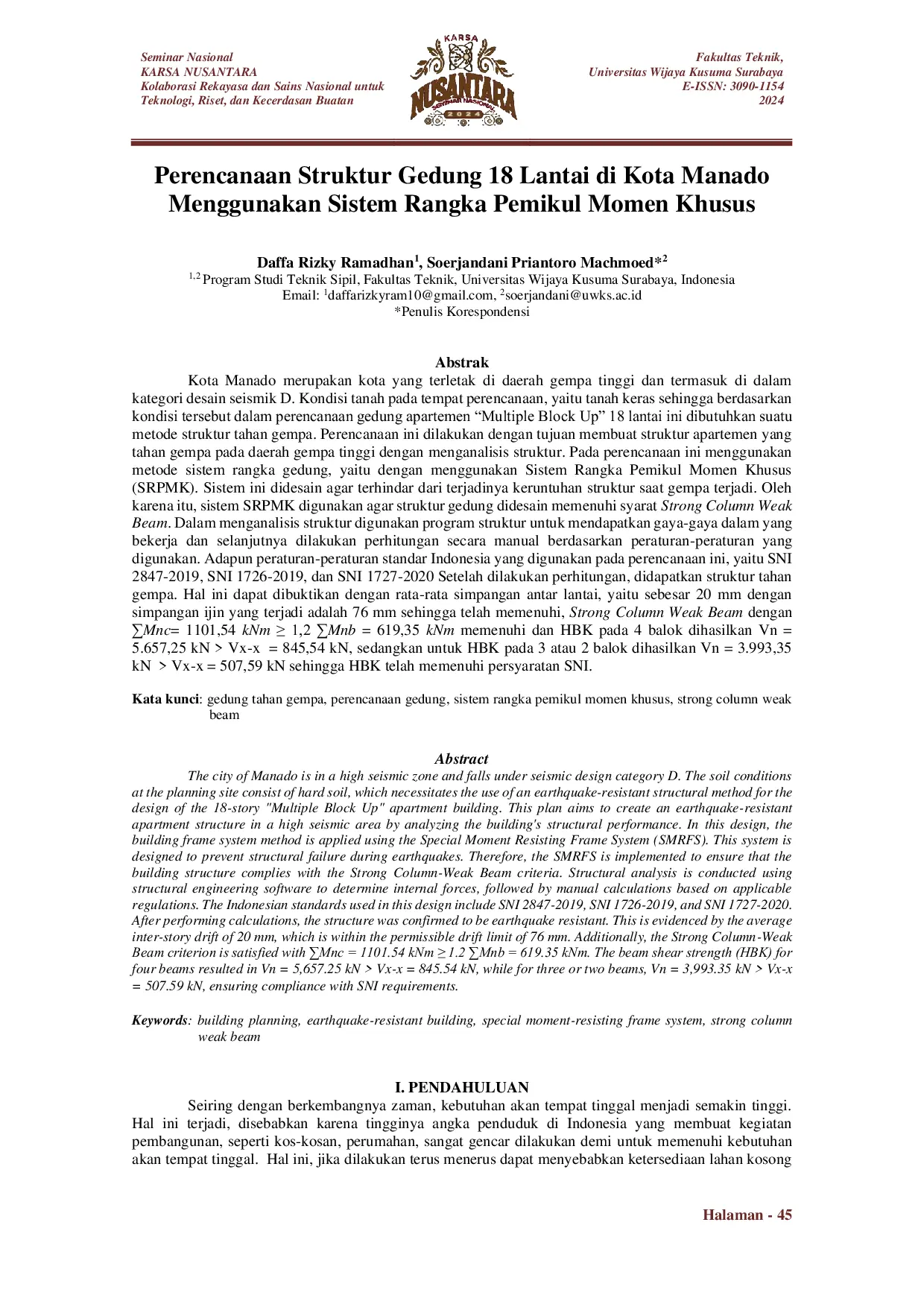 JURIS Perencanaan Struktur Gedung 18 Lantai di Kota Manado Menggunakan Sistem Rangka Pemikul Momen Khusus