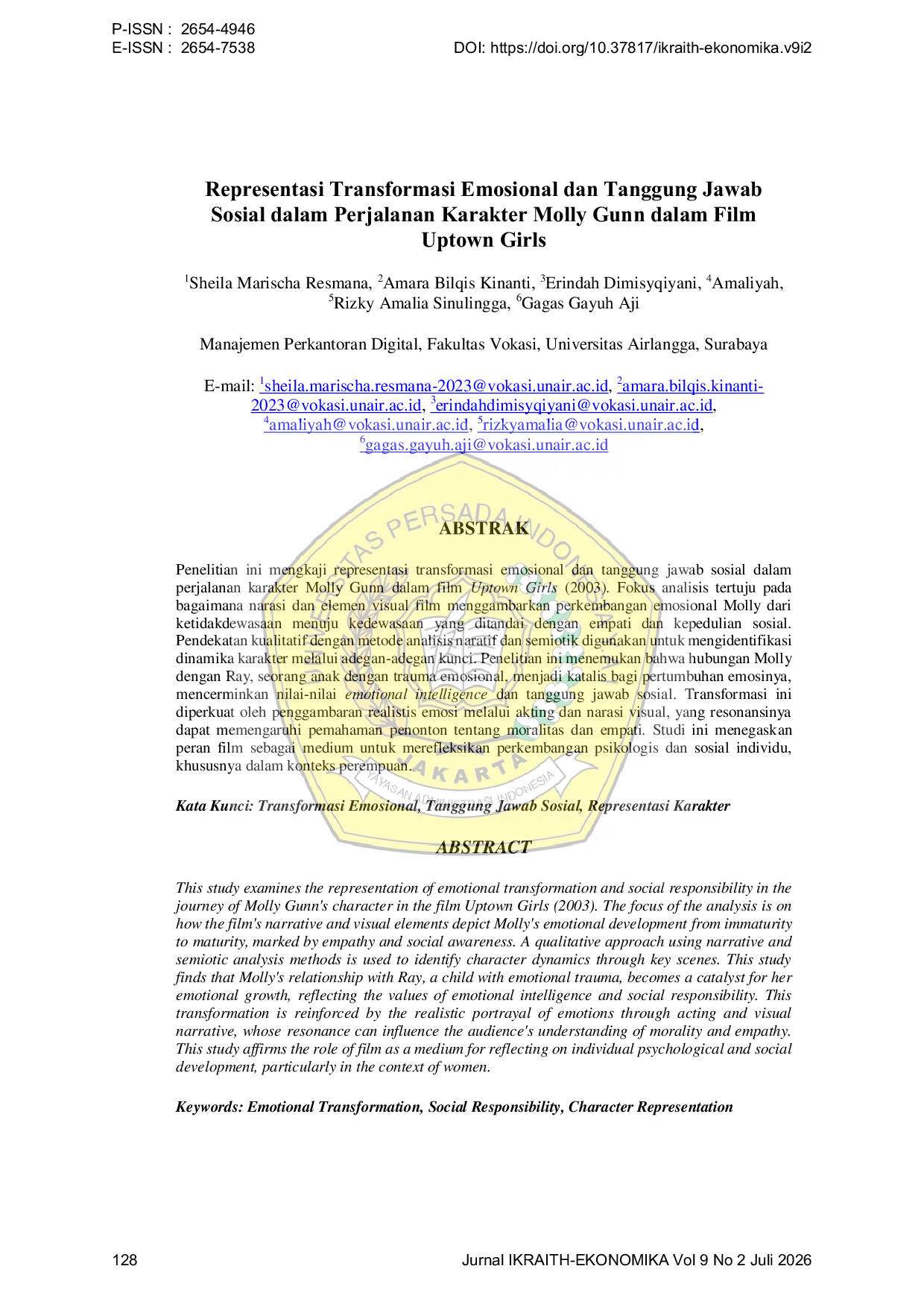 JURIS Representasi Transformasi Emosional dan Tanggung Jawab Sosial dalam Perjalanan Karakter Molly Gunn dalam Film Uptown Girls