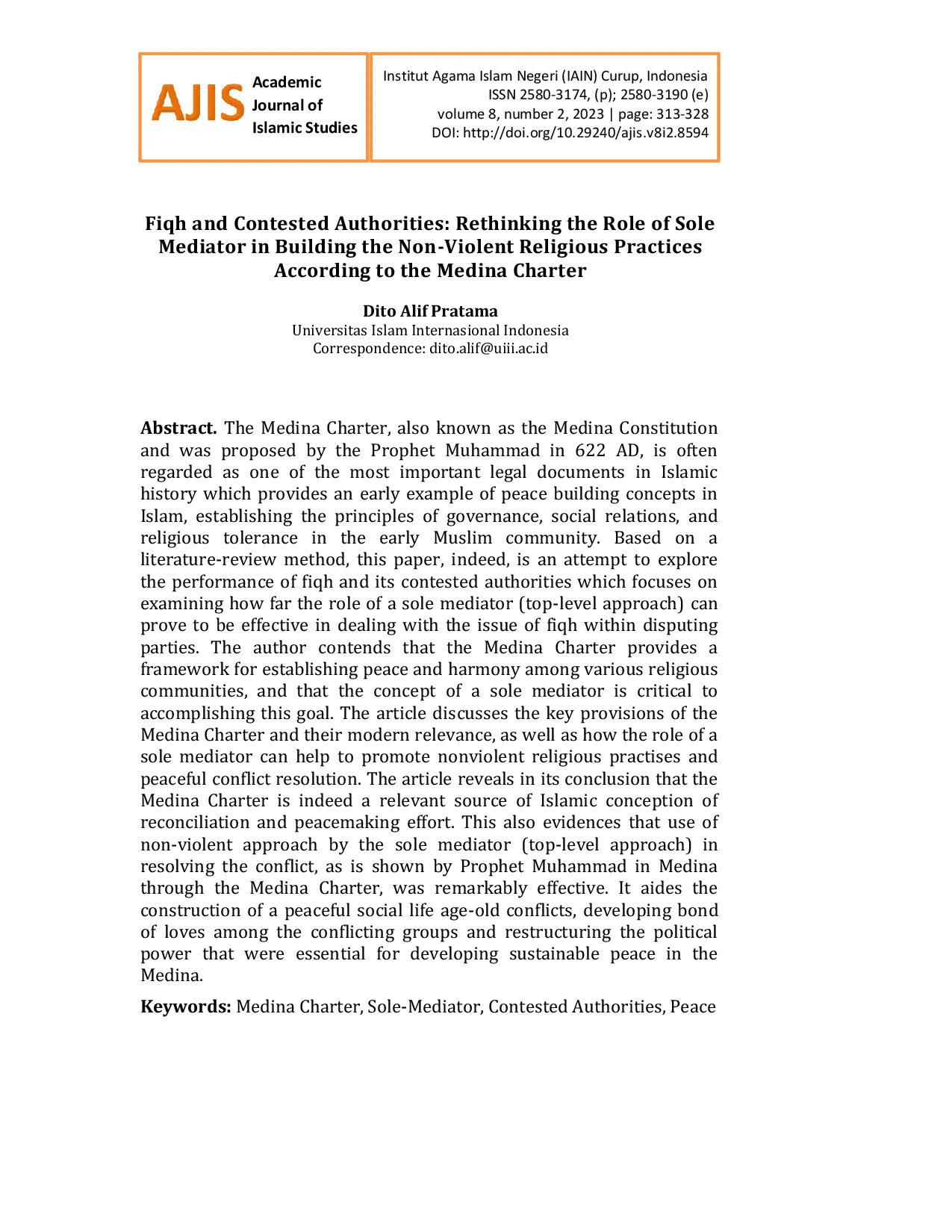 JURIS Fiqh and Contested Authorities Rethinking the Role of Sole Mediator in Building the Non Violent Religious Practices According to the Medina Charter