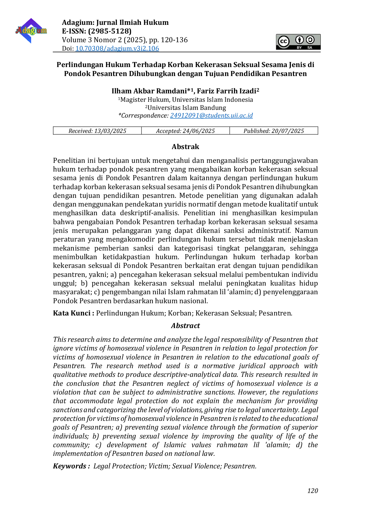 JURIS Perlindungan Hukum Terhadap Korban Kekerasan Seksual Sesama Jenis Di Pondok Pesantren Dihubungkan Dengan Tujuan Pendidikan Pesantren