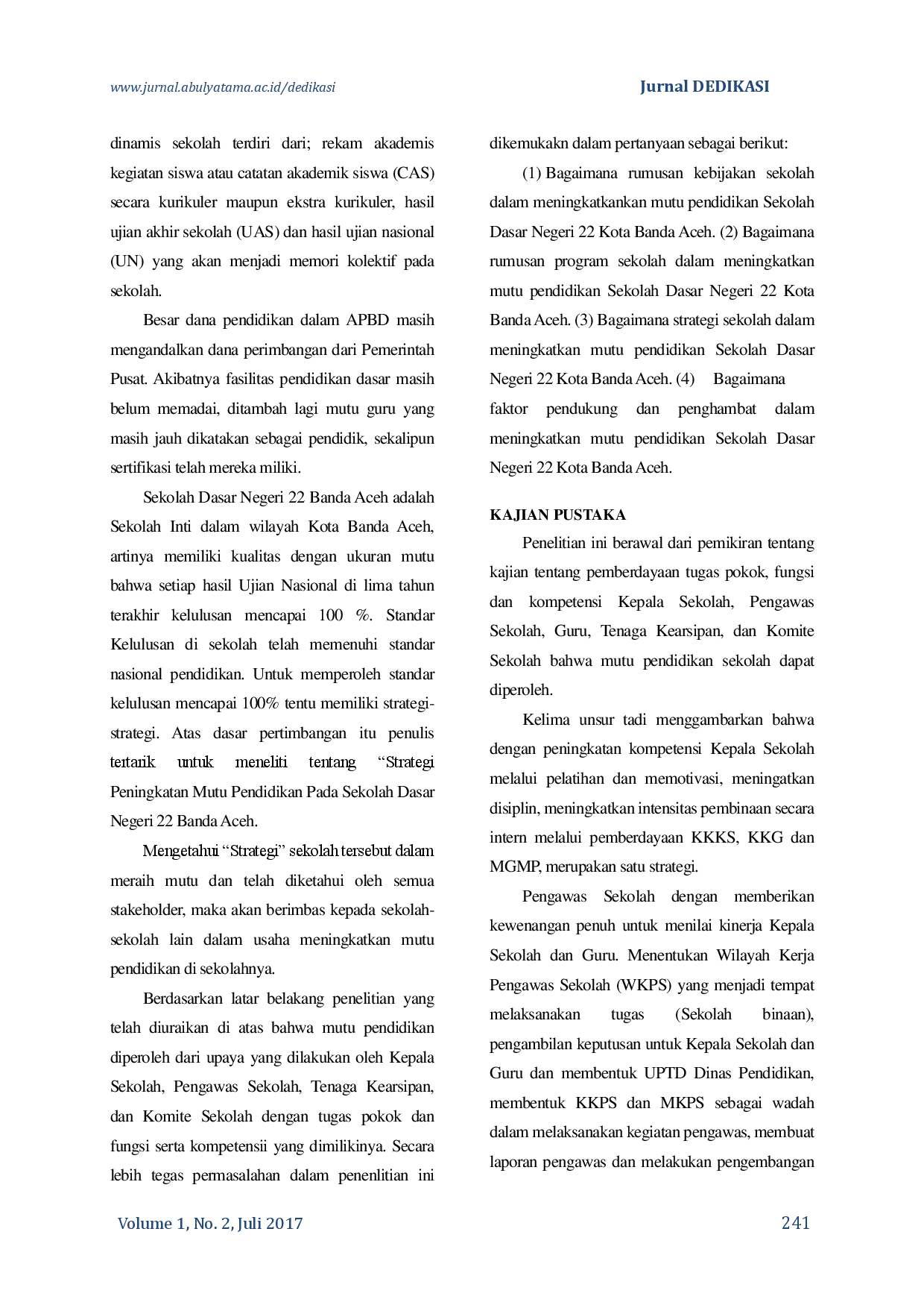 juris Strategi Peningkatan Mutu Pendidikan pada Sekolah Dasar Negeri 22 Banda Aceh