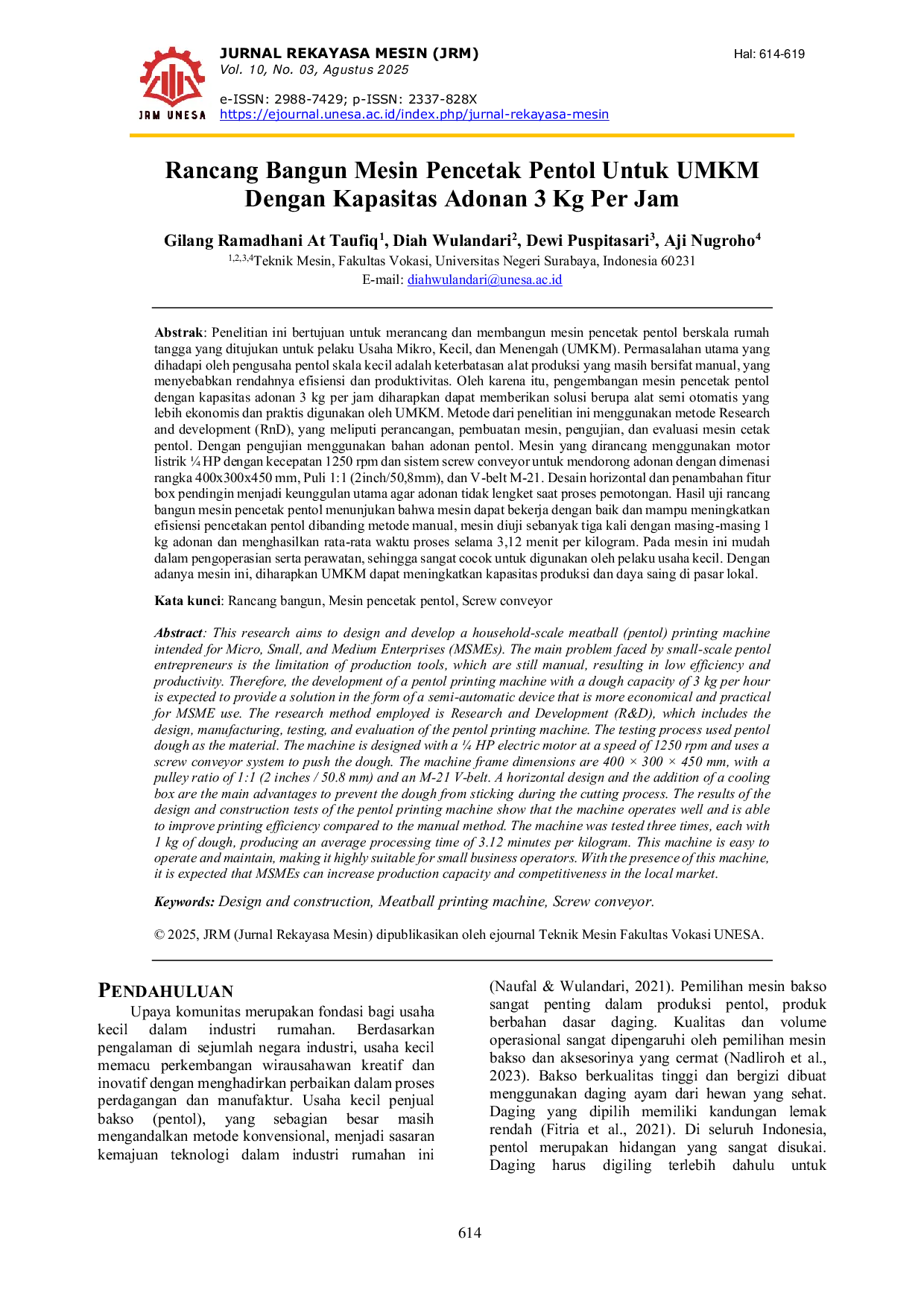 JURIS Rancang Bangun Mesin Pencetak Pentol Untuk UMKM Dengan Kapasitas Adonan 3 Kg Per Jam