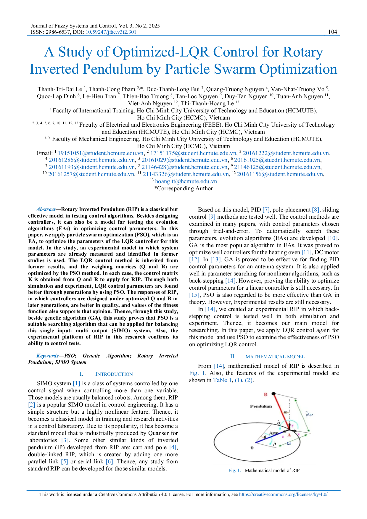 JURIS A Study of Optimized LQR Control for Rotary Inverted Pendulum by Particle Swarm Optimization