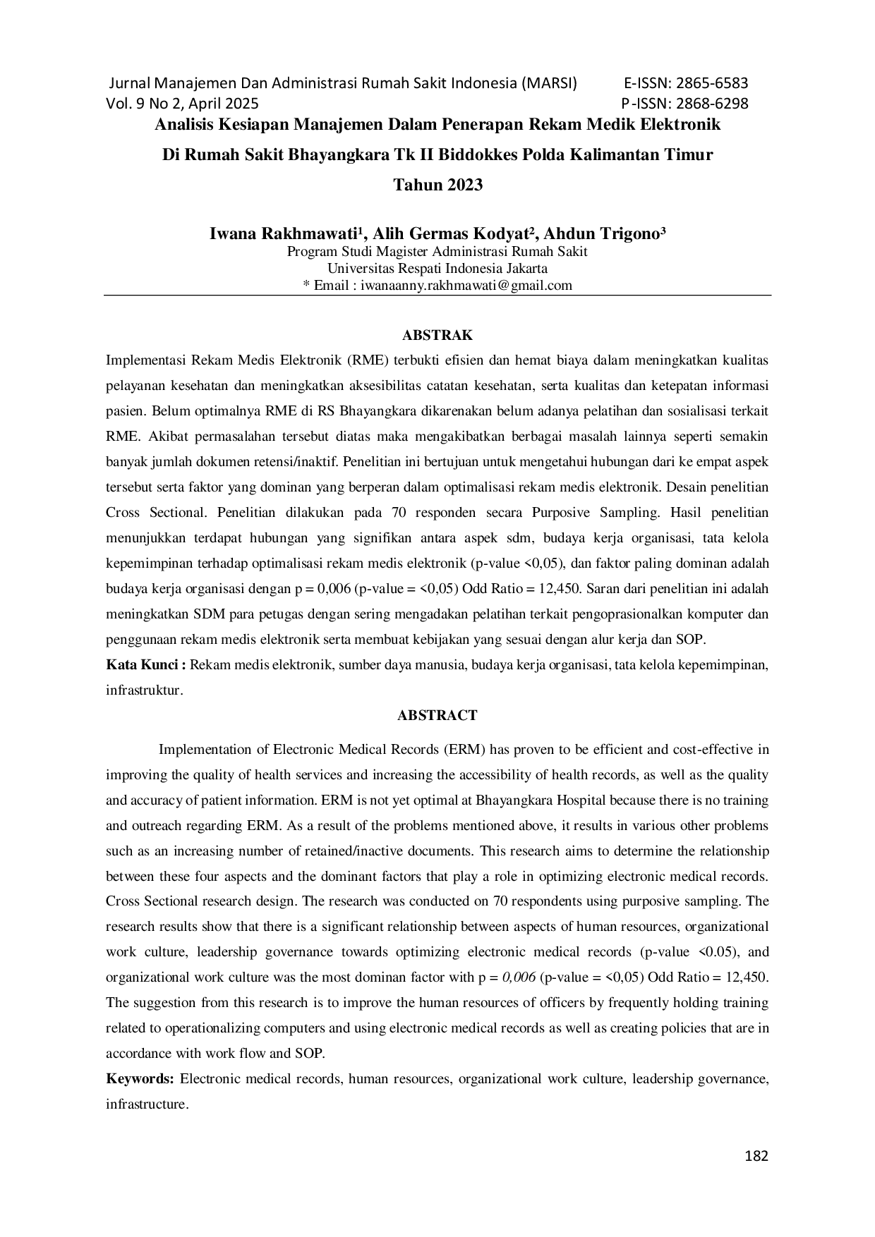 JURIS Analisis Kesiapan Manajemen Dalam Penerapan Rekam Medik Elektronik Di Rumah Sakit Bhayangkara Tk II Biddokkes Polda Kalimantan Timur Tahun 2023
