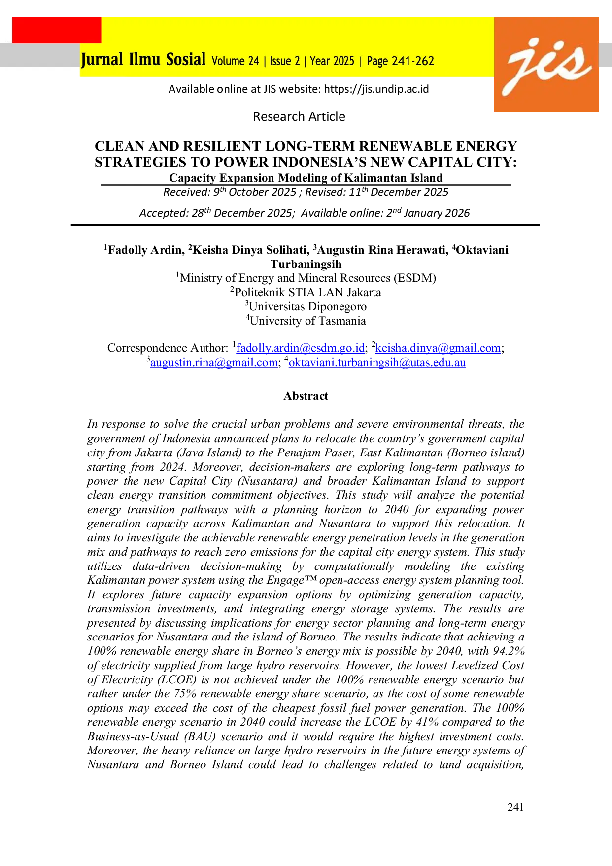 JURIS Clean And Resilient LongAcTerm Renewable Energy Strategies To Power Indonesia s New Capital City Capacity Expansion Modeling of Kalimantan Island