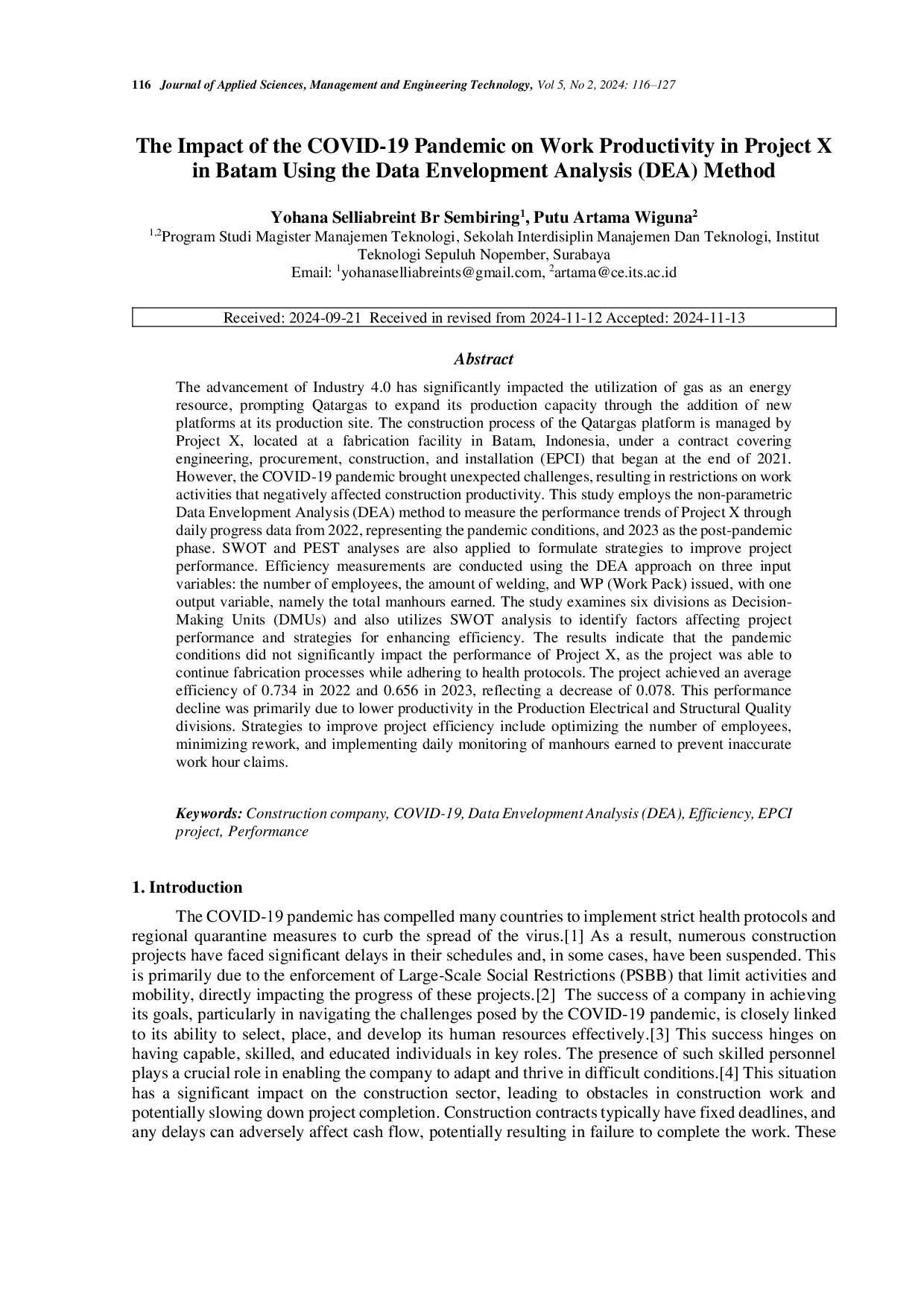 JURIS The Impact of the COVID 19 Pandemic on Work Productivity in Project X in Batam Using the Data Envelopment Analysis DEA Method