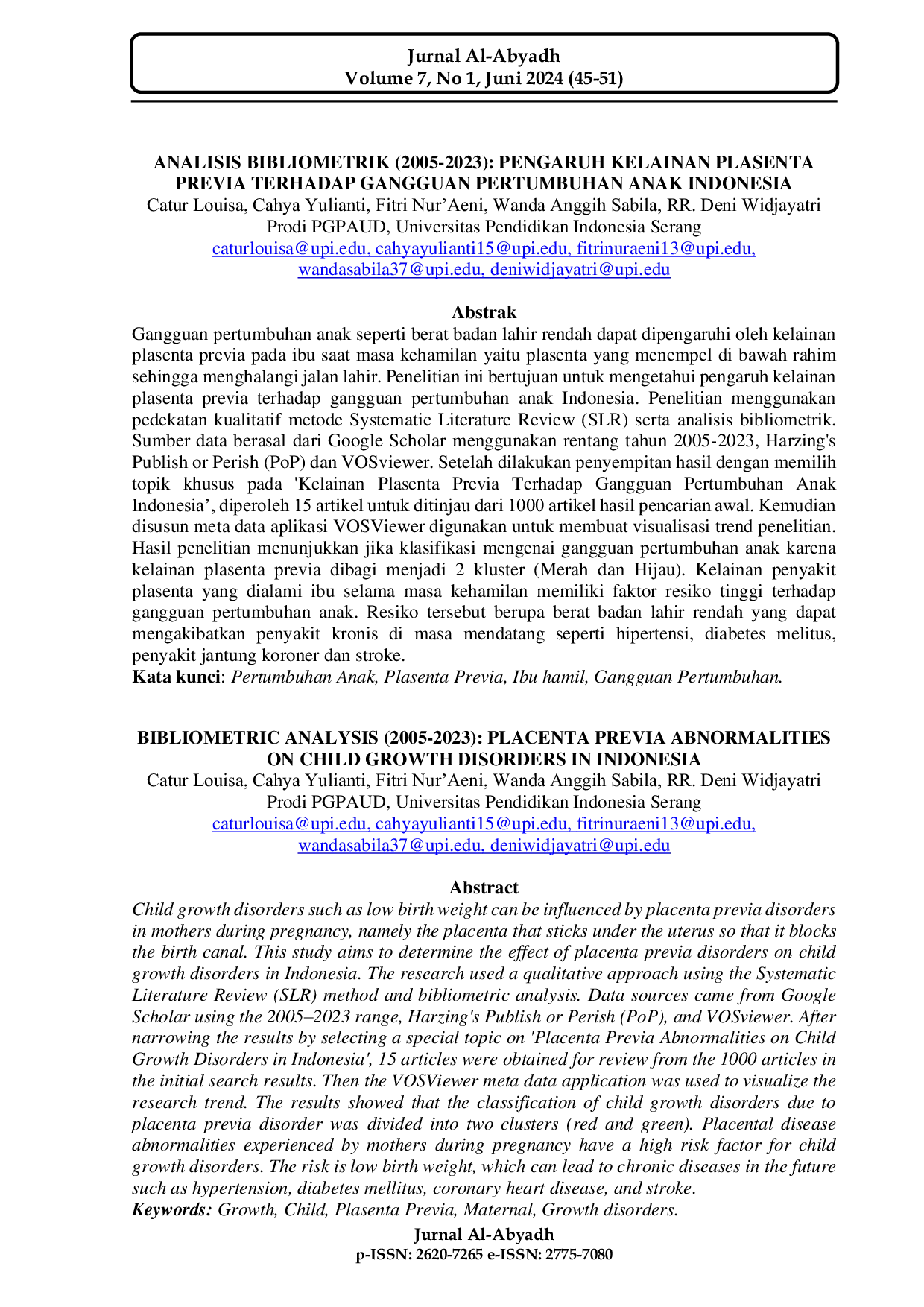 JURIS Analisis Bibliometrik 2005 2023 Pengaruh Kelainan Plasenta Previa Terhadap Gangguan Pertumbuhan Anak Indonesia