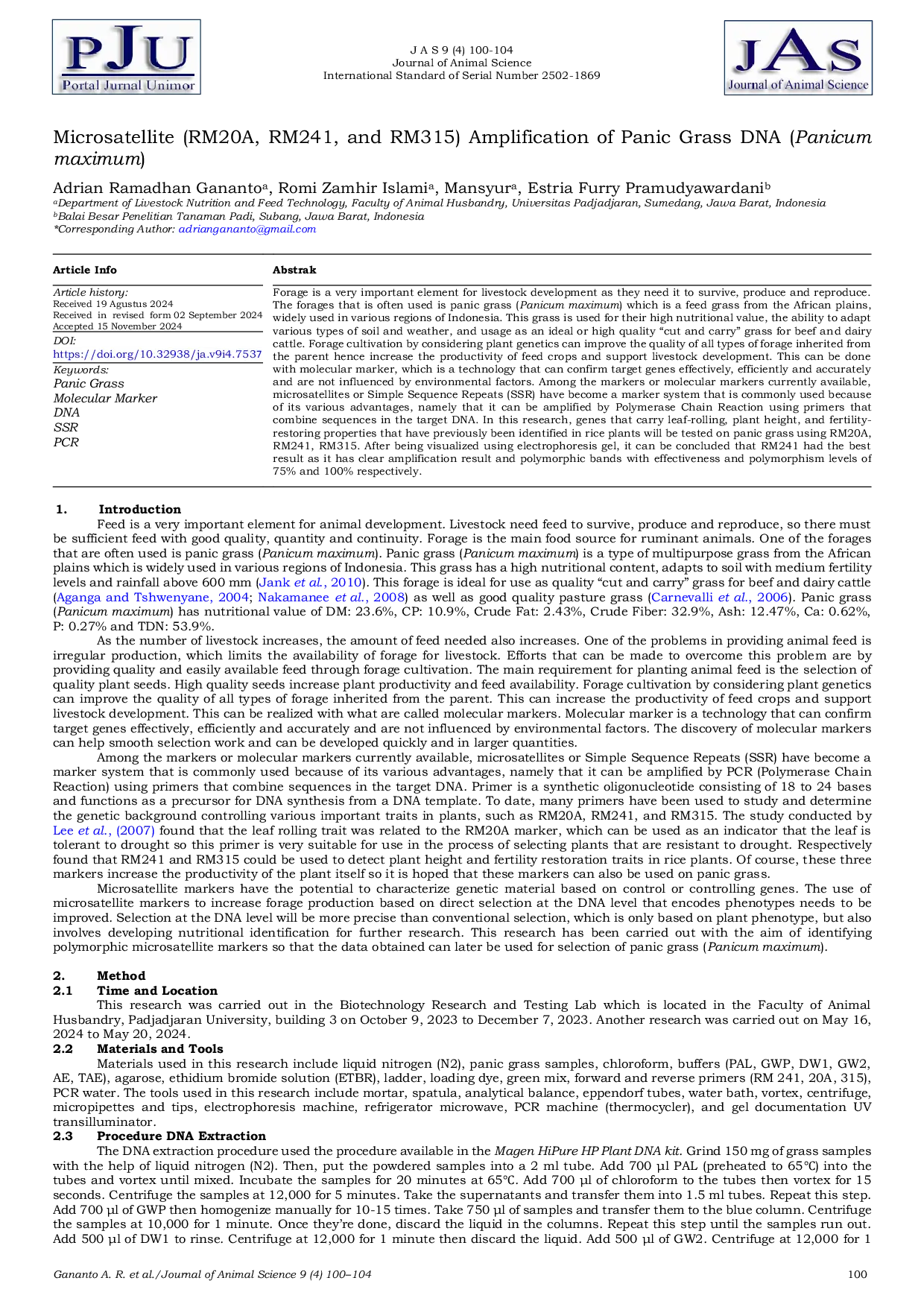 JURIS Microsatellite RM20A RM241 and RM315 Amplification of Panic Grass DNA Panicum maximum