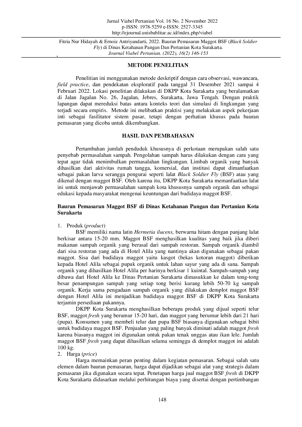 JURIS Bauran Pemasaran Maggot Bsf Black Soldier Fly Di Dinas Ketahanan Pangan Dan Pertanian Kota Surakarta