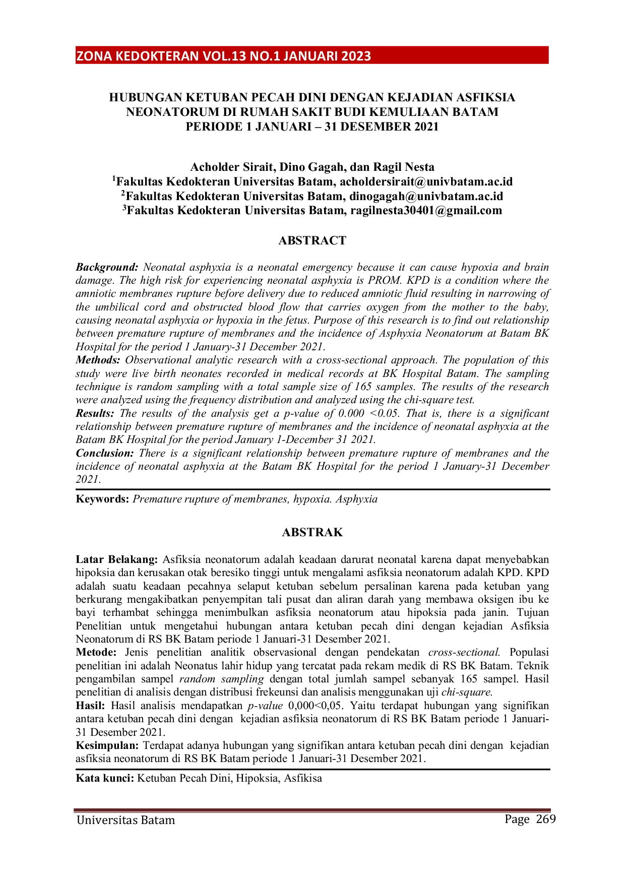 JURIS Hubungan Ketuban Pecah Dini Dengan Kejadian Asfiksia Neonatorum Di Rumah Sakit Budi Kemuliaan Batam Periode 1 Januari 31 Desember 2021