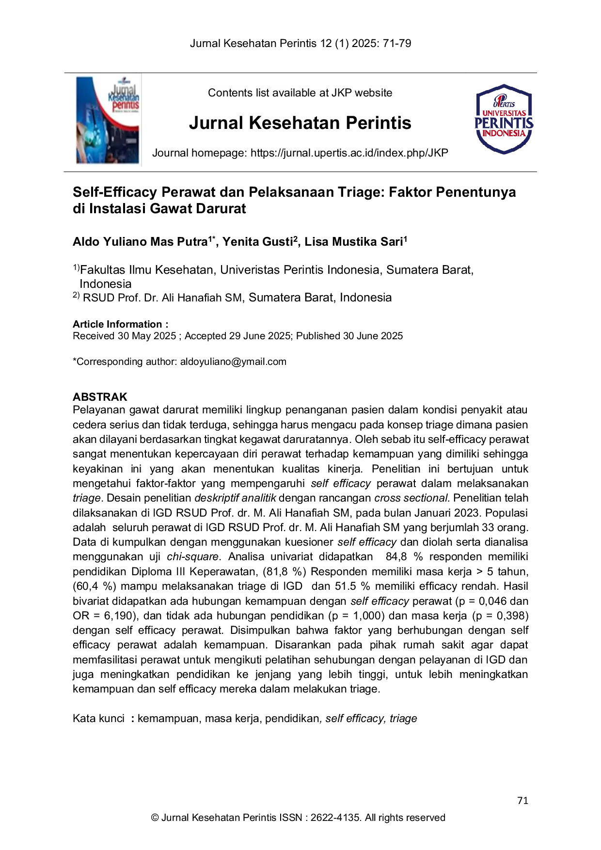 JURIS Self Efficacy Perawat dan Pelaksanaan Triage Faktor Penentunya di Instalasi Gawat Darurat