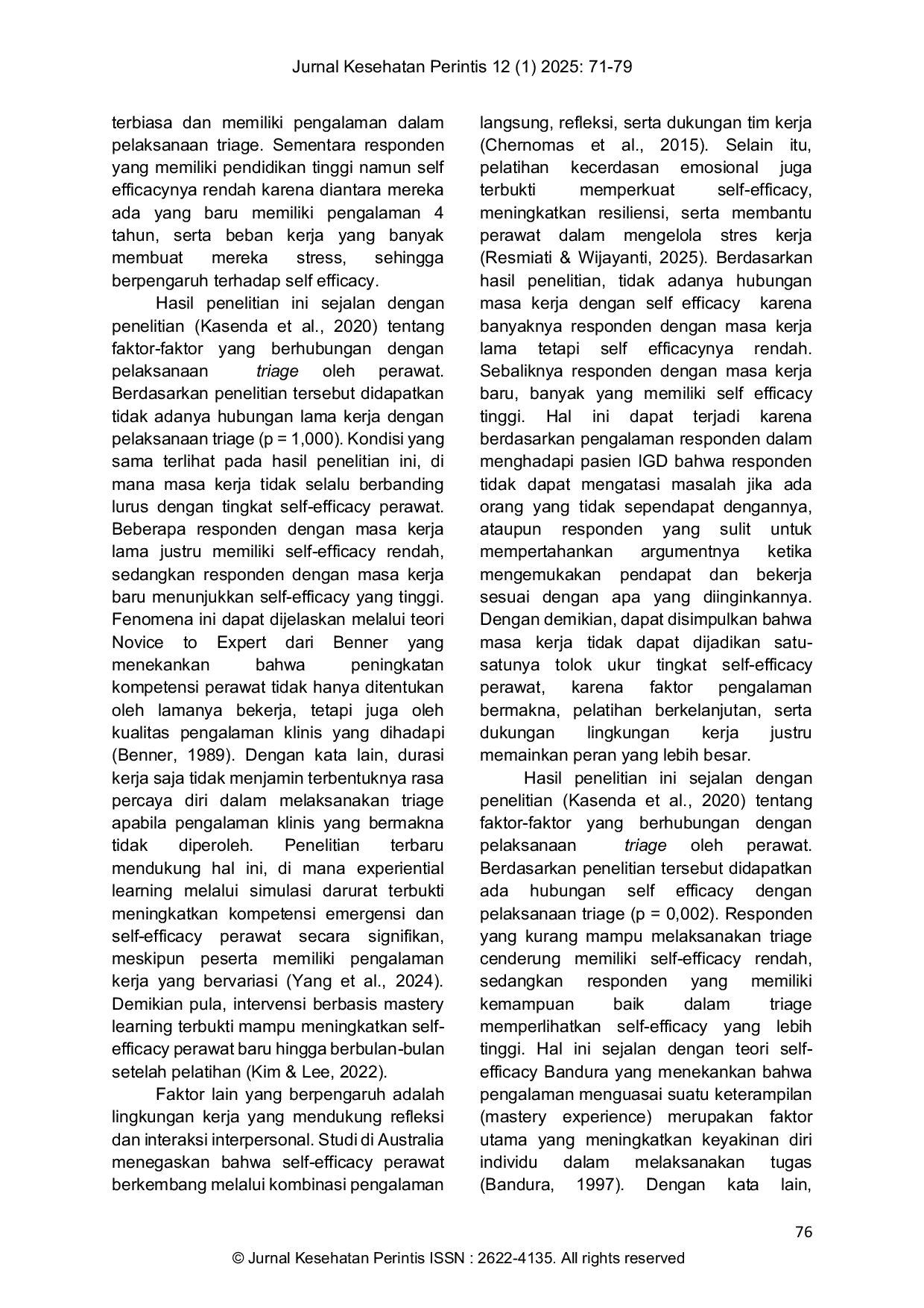 JURIS Self Efficacy Perawat dan Pelaksanaan Triage Faktor Penentunya di Instalasi Gawat Darurat
