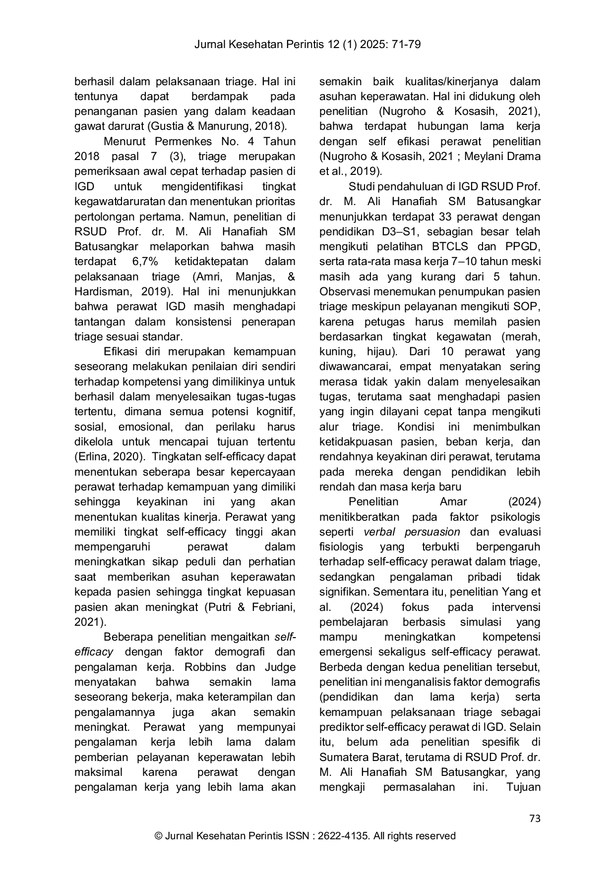 JURIS Self Efficacy Perawat dan Pelaksanaan Triage Faktor Penentunya di Instalasi Gawat Darurat