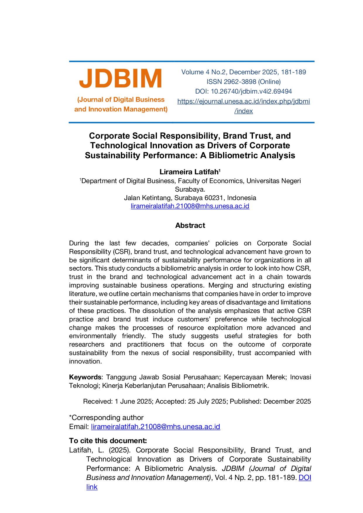 JURIS Corporate Social Responsibility Brand Trust and Technological Innovation as Drivers of Corporate Sustainability Performance A Bibliometric Analysis