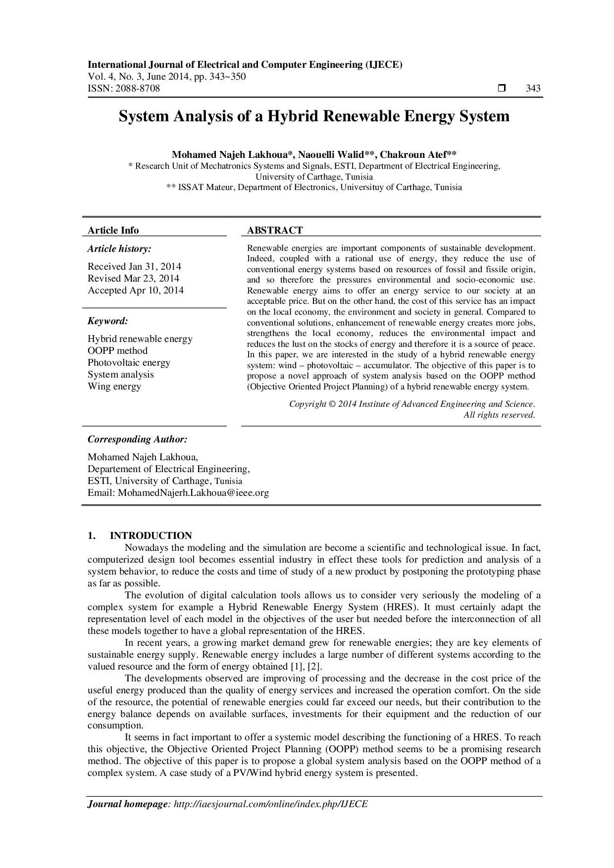 juris System Analysis of a Hybrid Renewable Energy System
