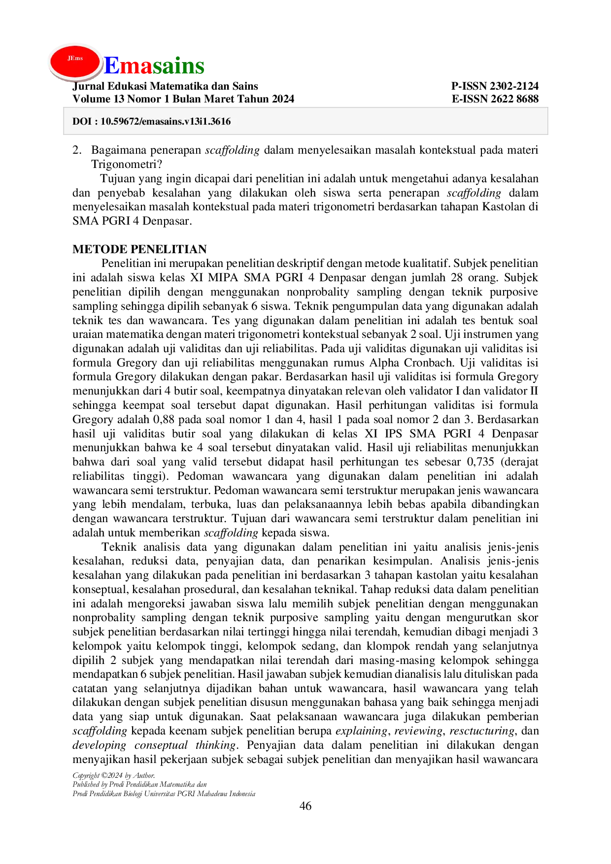 JURIS Pemberian Scaffolding dalam Pemecahan Masalah Kontekstual pada Topik Trigonometri Berdasarkan Tahapan Kastolan