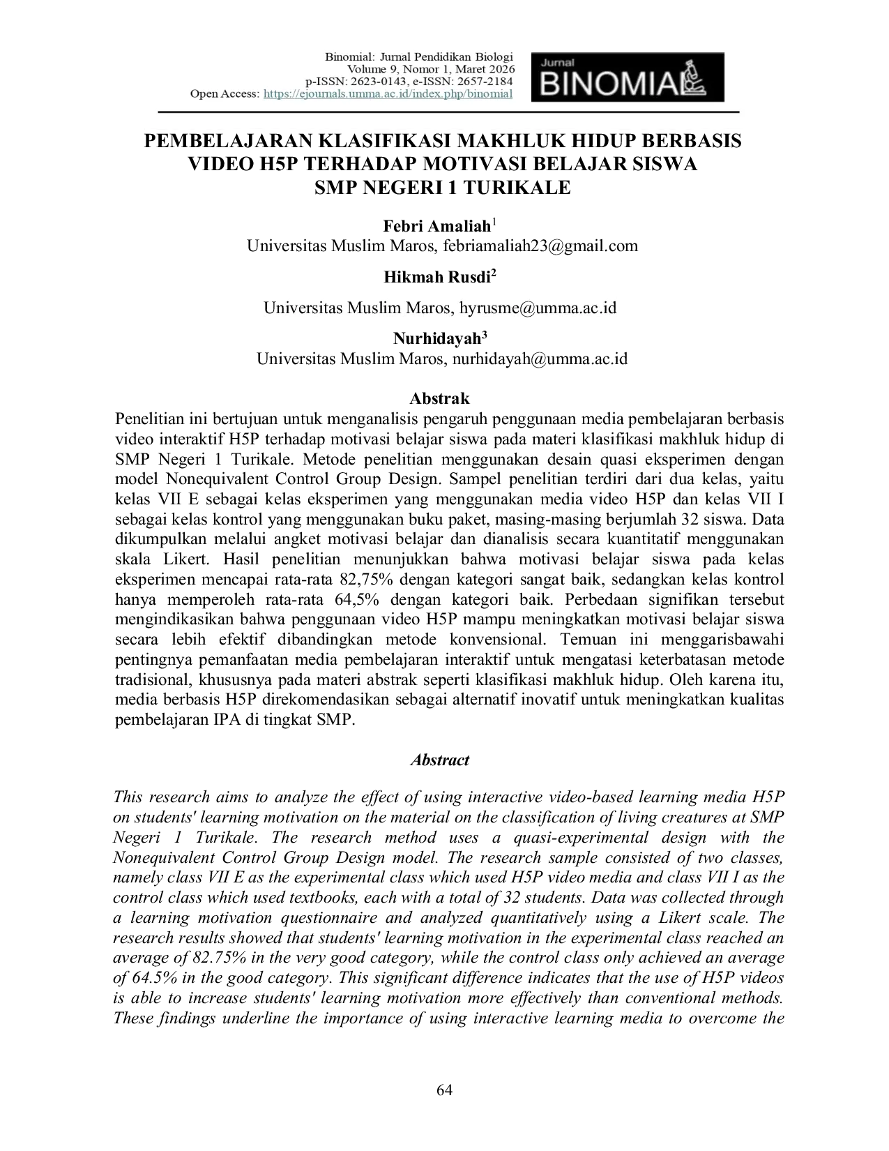 JURIS Pembelajaran Klasifikasi Makhluk Hidup Berbasis Video H5P Terhadap Motivasi Belajar Siswa Smp Negeri 1 Turikale