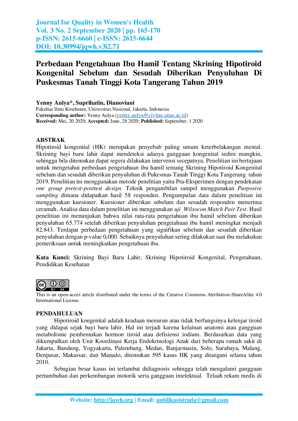 JURIS Perbedaan Pengetahuan Ibu Hamil Tentang Skrining Hipotiroid Kongenital Sebelum dan Sesudah Diberikan Penyuluhan Di Puskesmas Tanah Tinggi Kota Tangerang Tahun 2019