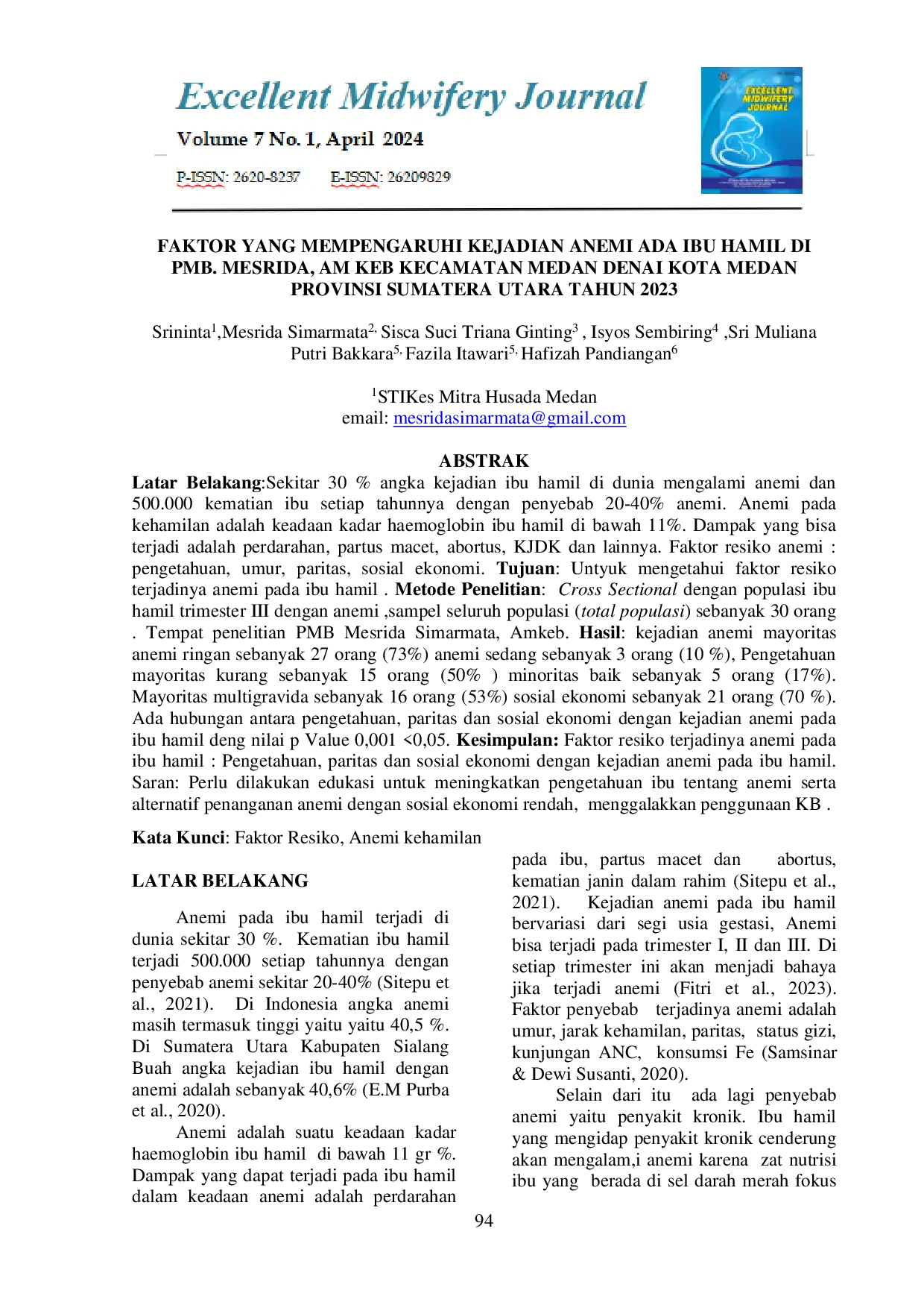 JURIS Faktor yang Mempengaruhi Kejadian Anemi Ada Ibu Hamil di PMB Mesrida Am Keb Kecamatan Medan Denai Kota Medan Provinsi Sumatera Utara Tahun 2023