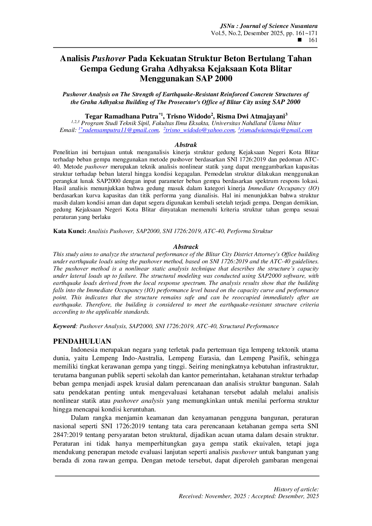 JURIS Analisis Pushover Pada Kekuatan Struktur Beton Bertulang Tahan Gempa Gedung Graha Adhyaksa Kejaksaan Kota Blitar Menggunakan SAP 2000
