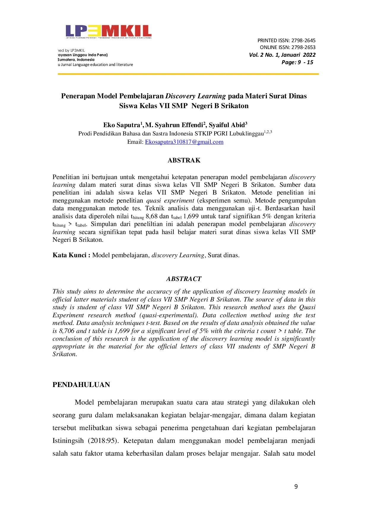 JURIS Penerapan Model Pembelajaran Discovery Learning pada Materi Surat Dinas Siswa Kelas VII SMP Negeri B Srikaton